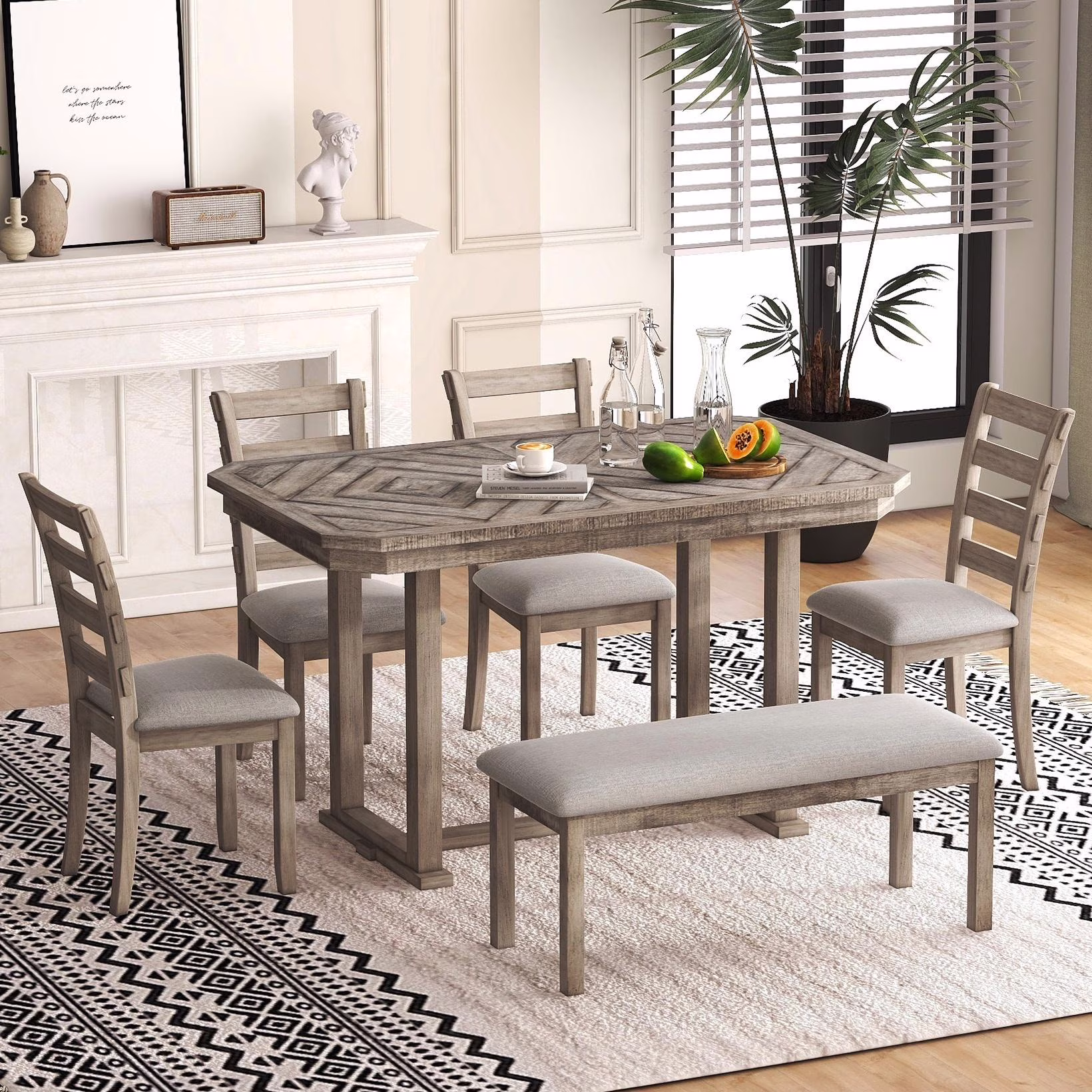 6-Piece Dining Table Set, Rubber Wood Rectangular Kitchen Table Set for 6, Farmhouse Dining Table Set with 4 Upholstered Chairs and Bench (Gray)(Gray)