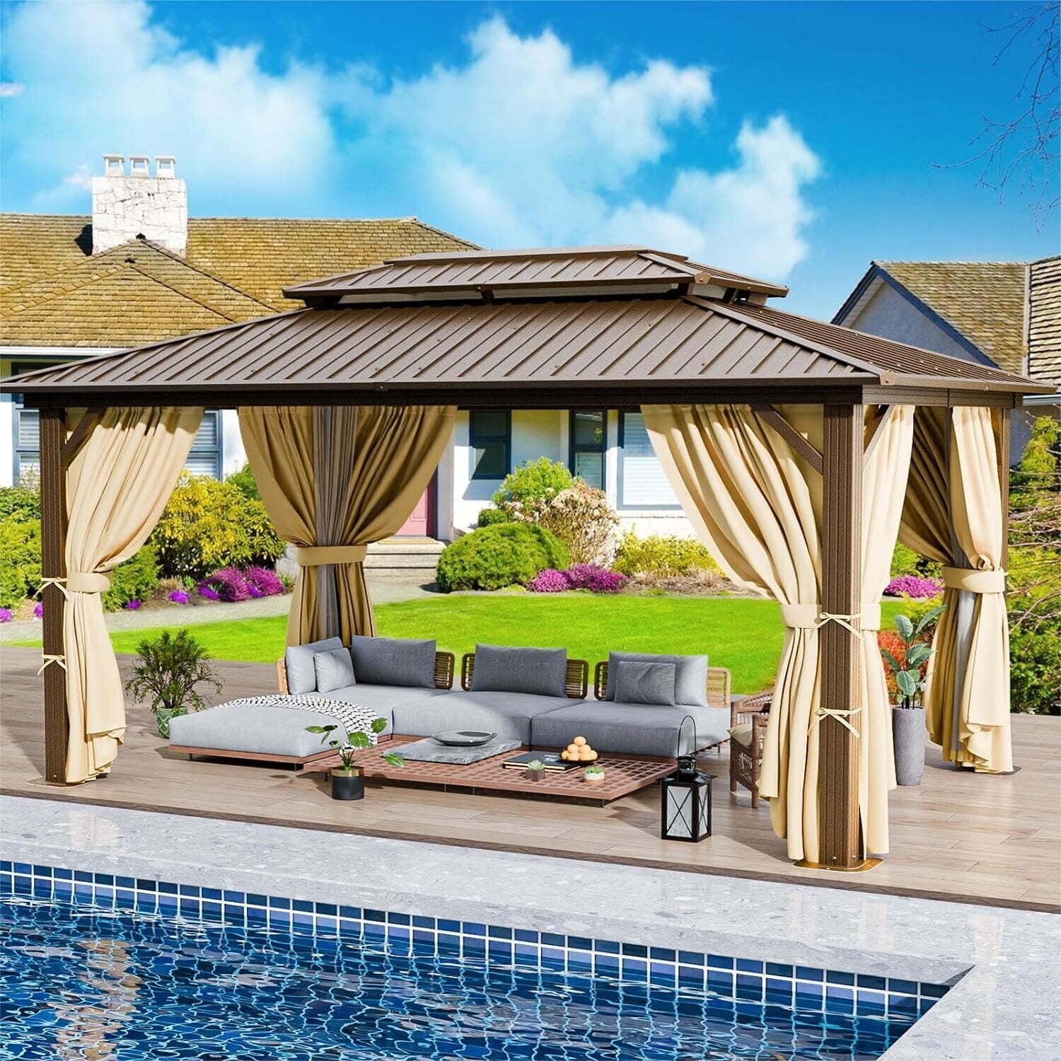 COBIZI 10x12 Hardtop Gazebo Aluminum Gazebos with Galvanized Steel Double Roof Metal Gazebo with Curtains and Netting Permanent Steel Gazebo for Backyard, Garden and Patio, Brown