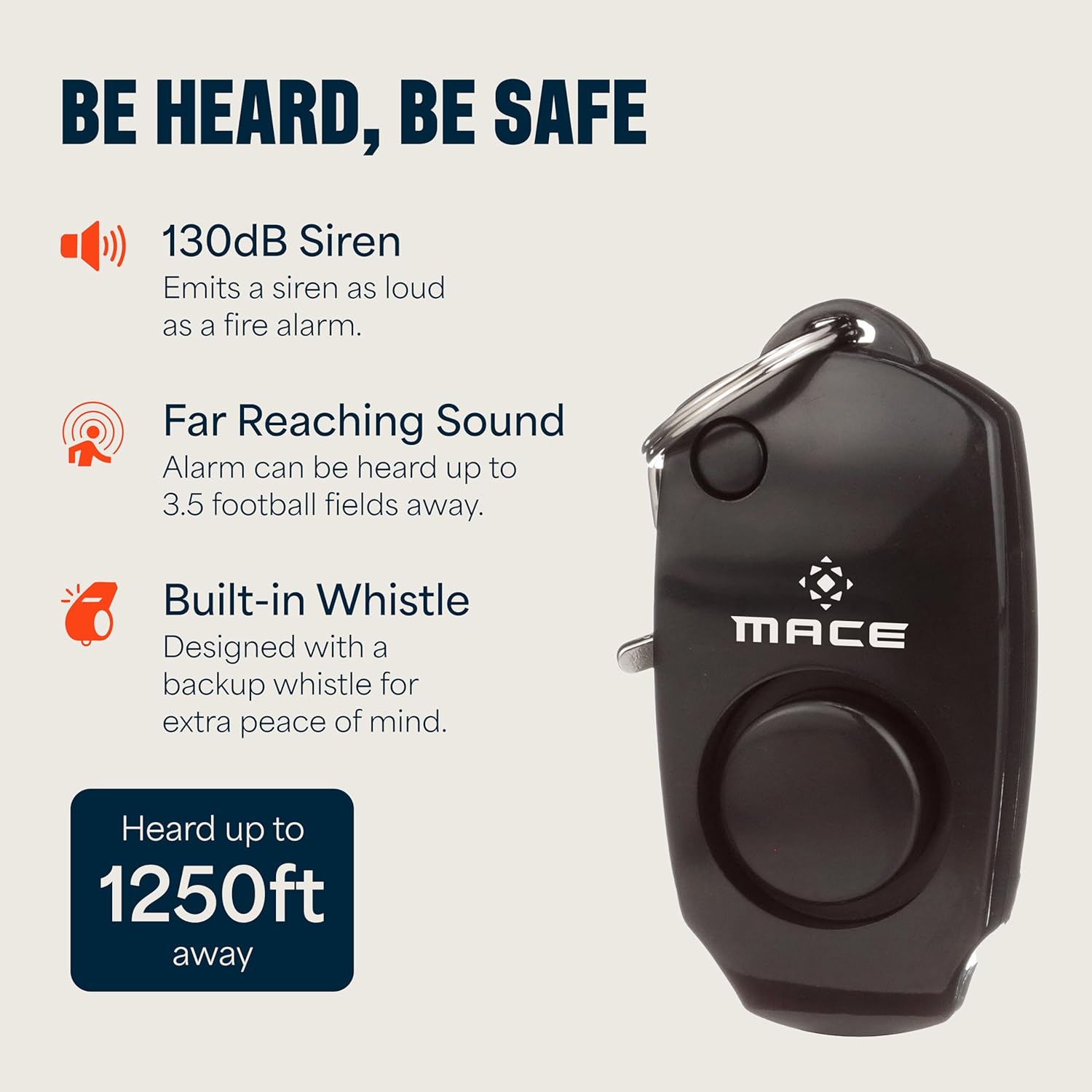 Mace Personal Safety Alarm - Loud 130db Siren, Built in Emergency Whistle, Easy On/Off Push Button Activation, Batteries Included, Personal Alarm for Women & Men - Black