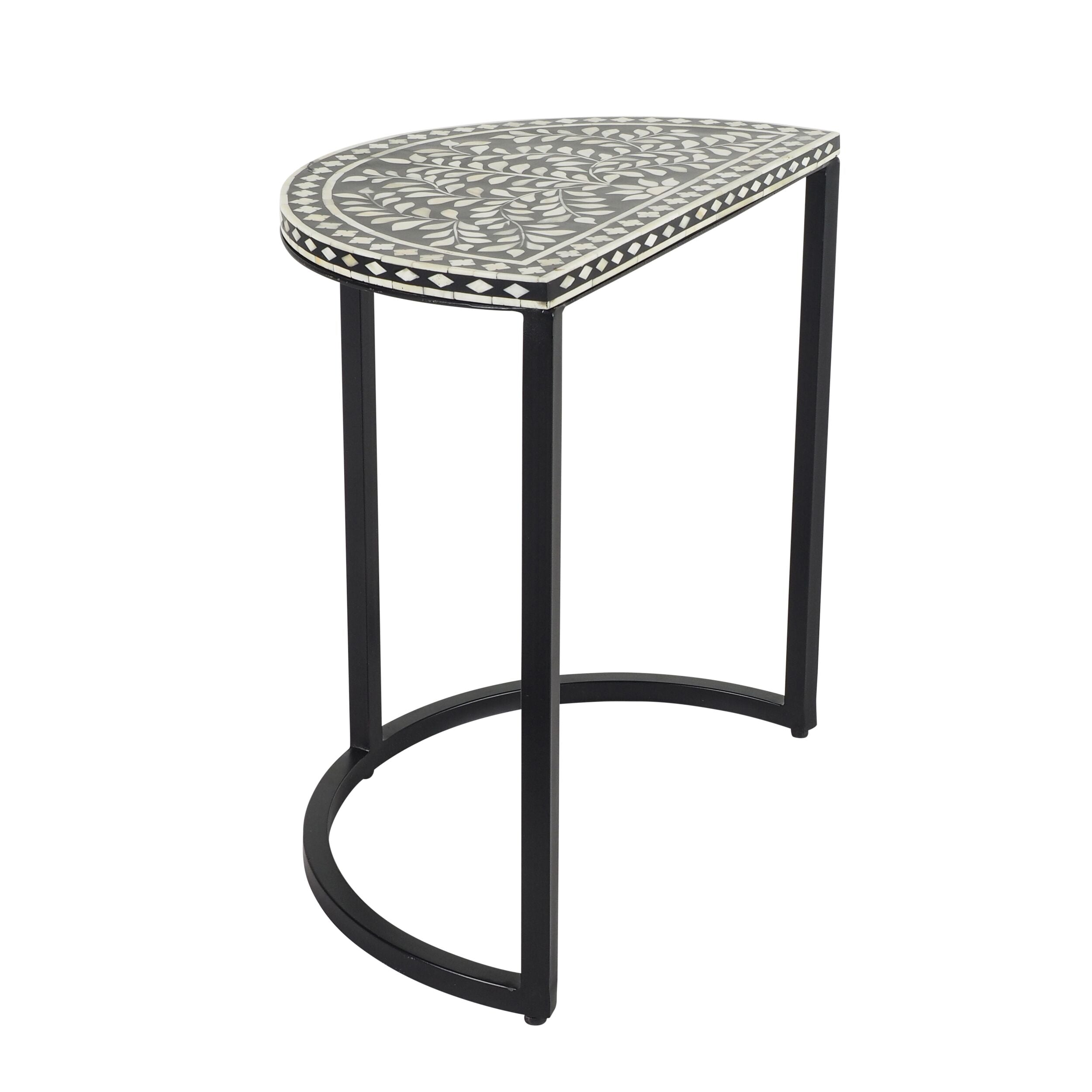 Bone Inlay Half Moon Side Table Black with Black Frame 44cm