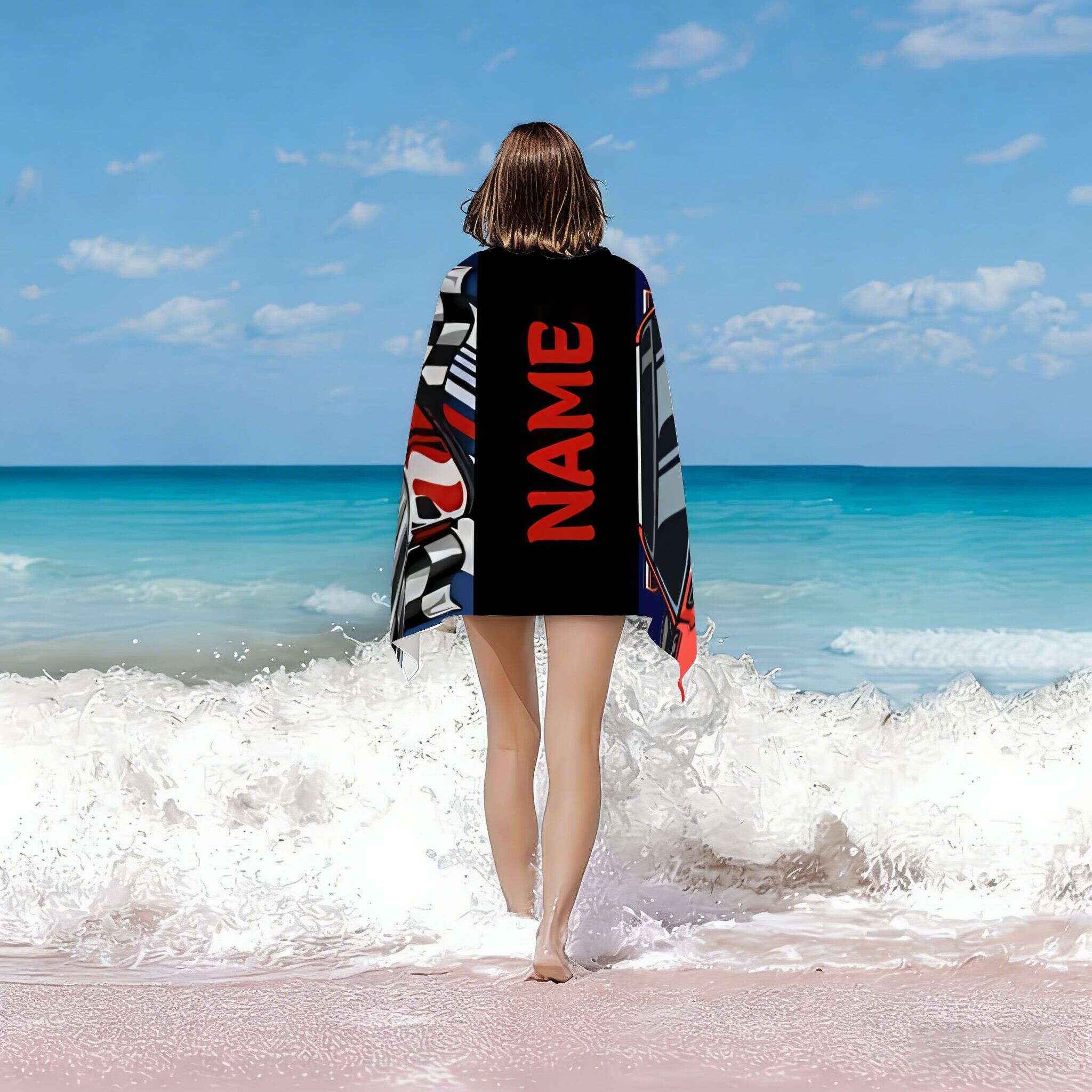 Customized Product Personalized Racing Beach Towel - Large Rectangular Blanket with Red Racing Checkered Flag - Custom Name Printed Soft Quick-Dry Fabric, Suitable for Beach, Pool, Outdoor Camping, Travel, Picnic Gift for Boys, Men, Women, Children - wanlinfang