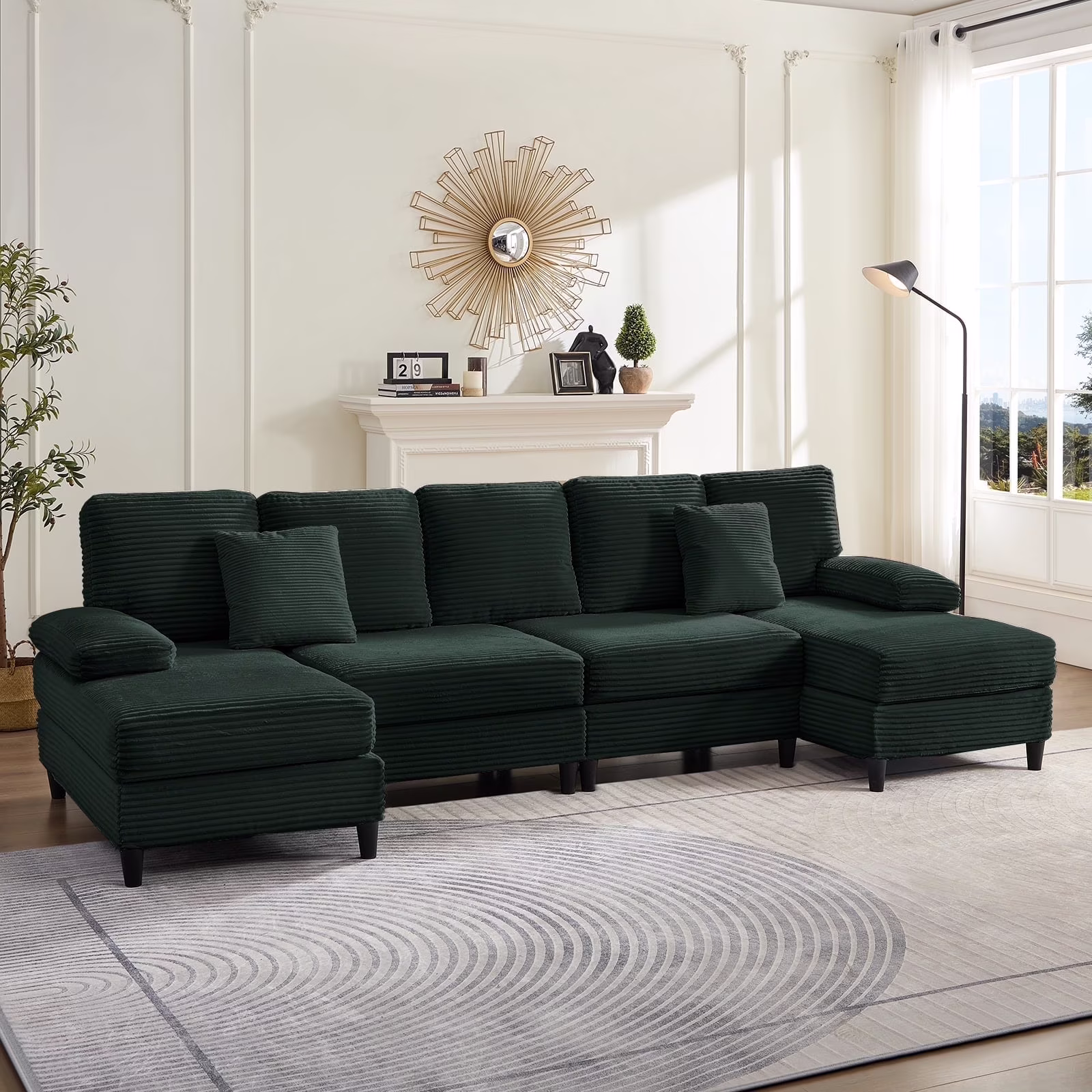 U-Shaped Sectional Sofa, 4 Seats Corduroy Couch with Double Chaise for Living Room Green(Green)