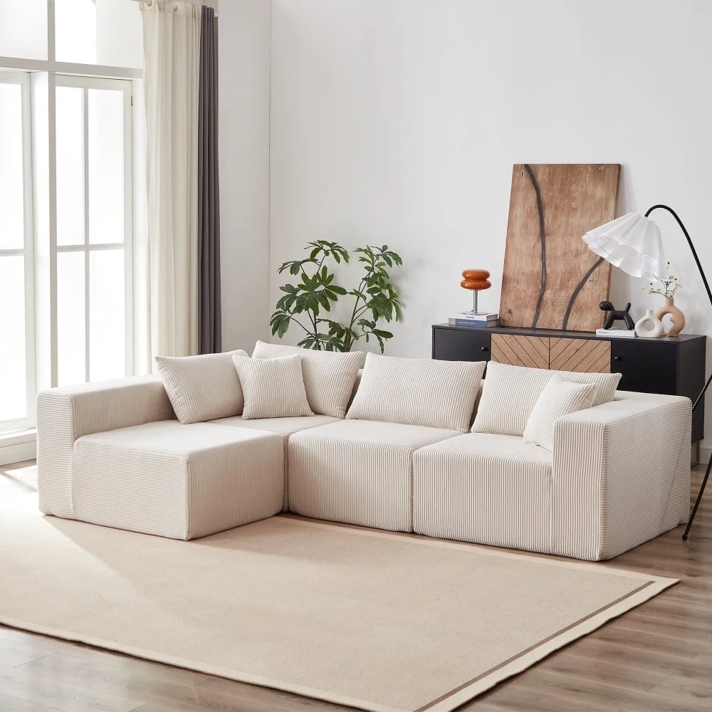 104-Inch Corduroy Modular L Shaped Sectional Sofa,Luxury Floor Couch Set,Upholstered Indoor Furniture,Foam-Filled Compressed Sofa for Living Room,Bedroom,4 PC Free Combination ?(Beige + Corduroy) - Image 9