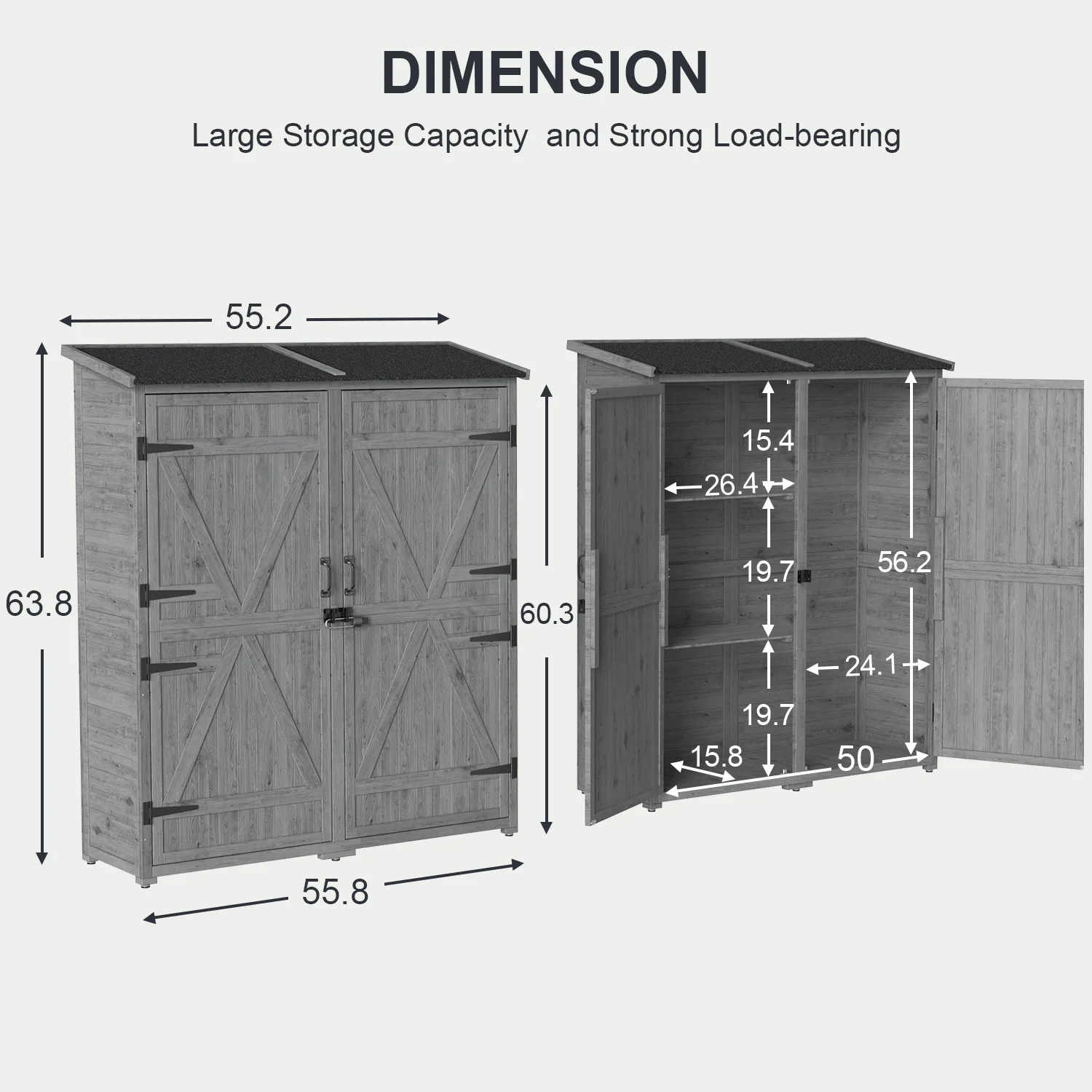 55�� Wide Outdoor Storage Shed with Lockable Double Doors Weather-Resistant Garden Shed for Patio, Backyard Lawn, Gray(55"W/Grey) - Image 10