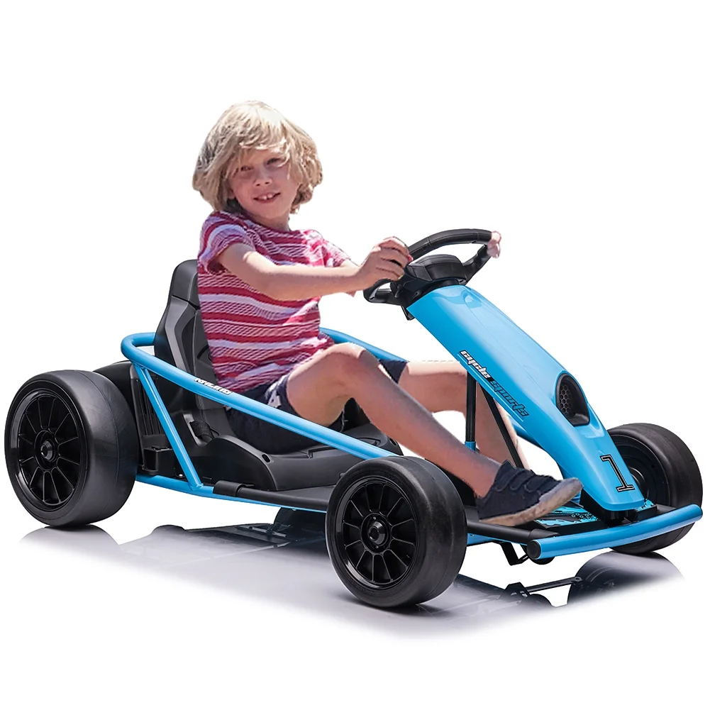 Go Kart for Kids 24V Battery 300WX2 Motors Pedal On Foot Go Cart 8MPH High Speed Drifting Car with Slow Start Function Music Elastic Durable Tires, Blue(Blue) - Image 8