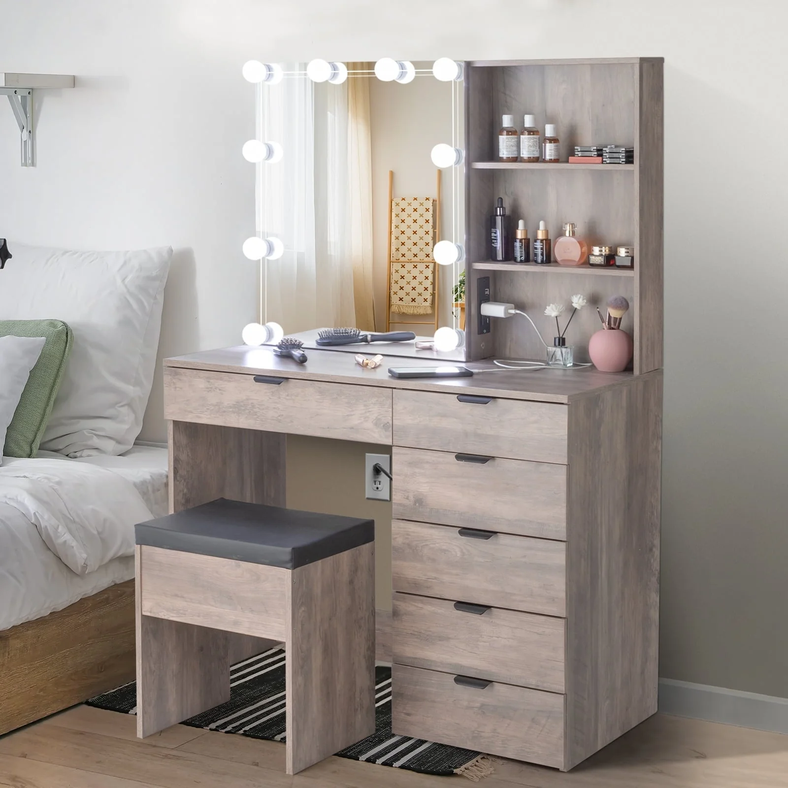 Ktaxon Vanity Table Set with USB Charging Stationfor Bedroom Makeup Dressing Table with Sliding Mirror,3 Color Light