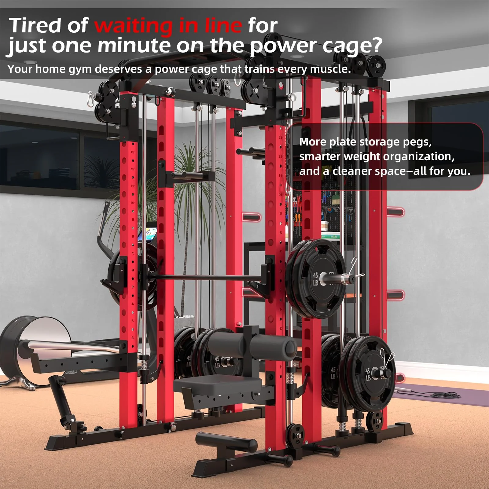 AECOJOY Smith Machine Power Squat Rack Cage, 2000lbs Crossover Machine with LAT Pulldown Strength Training Power Cages