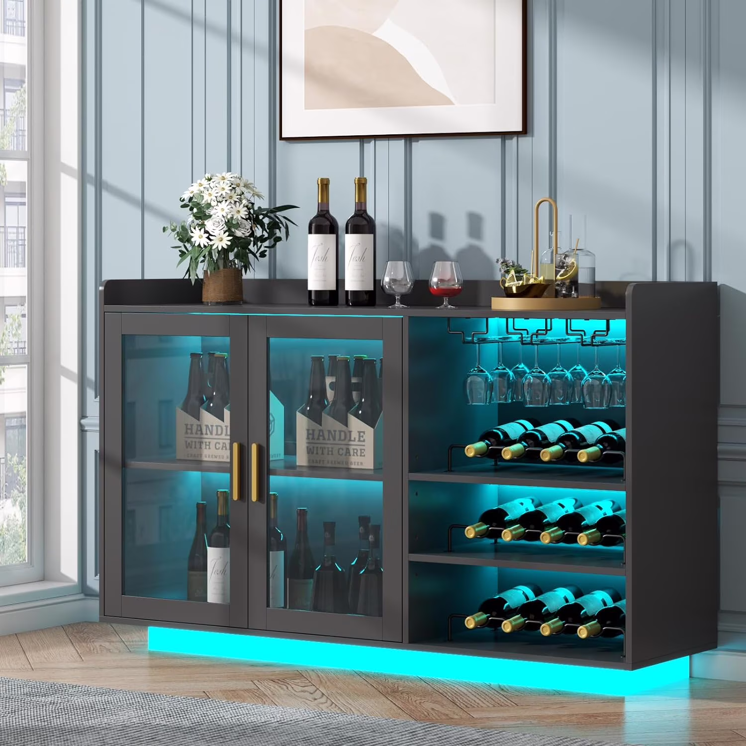 Wine Bar Cabinet with LED Lights, Floating Coffee Bar with Glass Rack and Removable Wine Racks, Modern Buffet Sideboard with Storage Shelves, Kithchen Bar with Glass Cabinet Doors(Black)