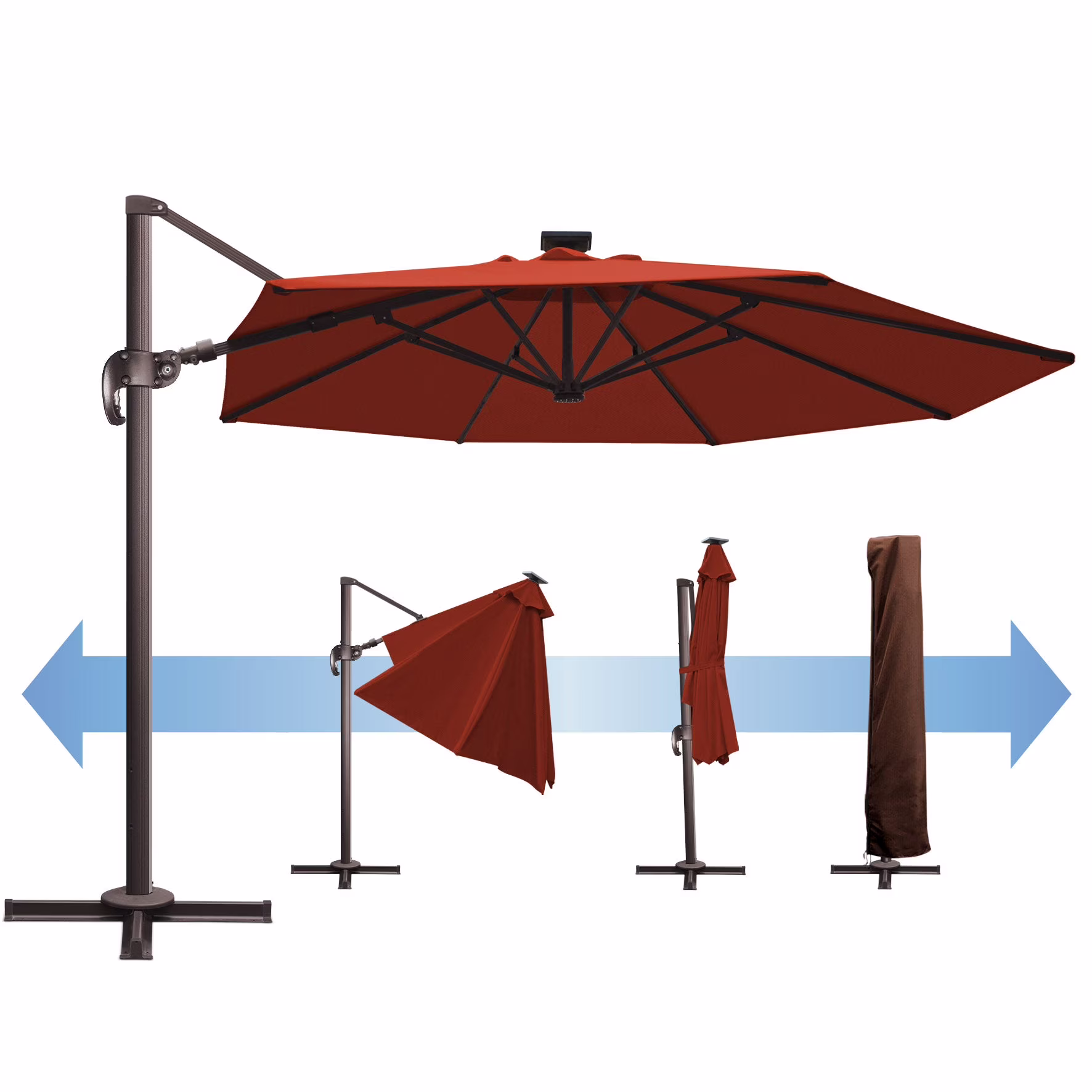 SUNRISEUMBRELLA 11' Deluxe Cantilever Umbrella LED Lighted Umbrella Sunbrella Cover Patio Umbrella Garden Outdoor (Henna)
