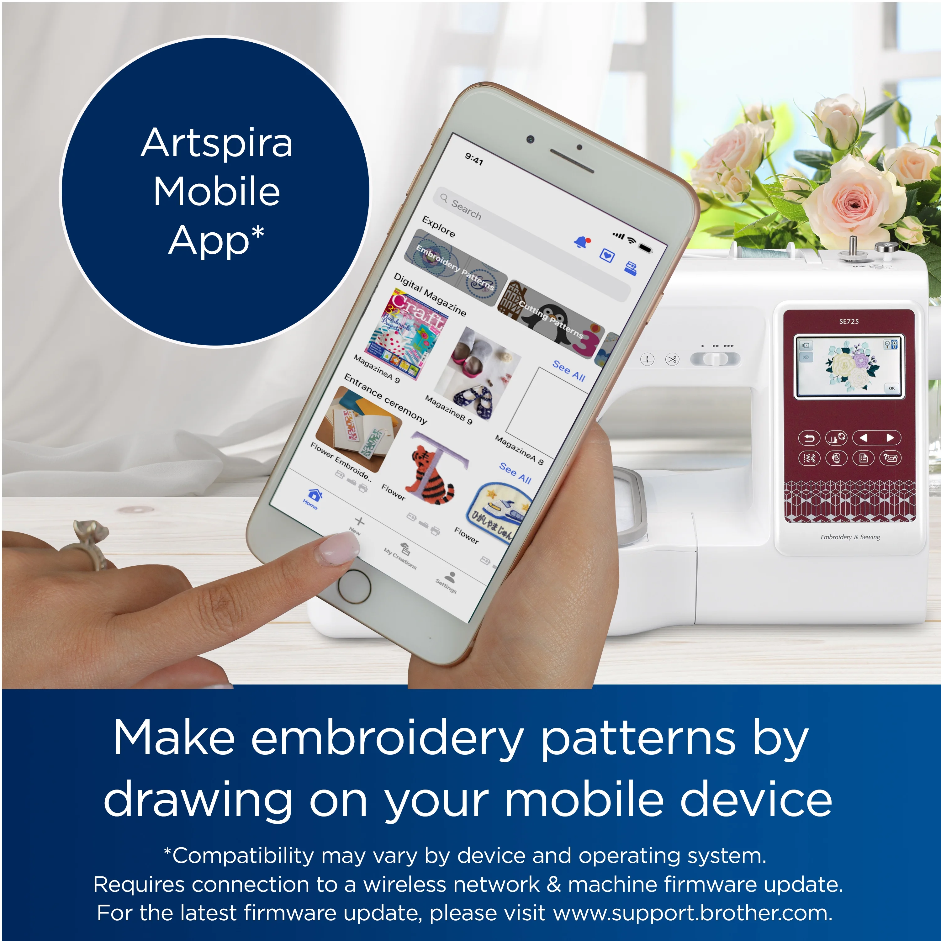 Brother SE725 Sewing and Embroidery Machine with Artspira App, 50 Free Designs