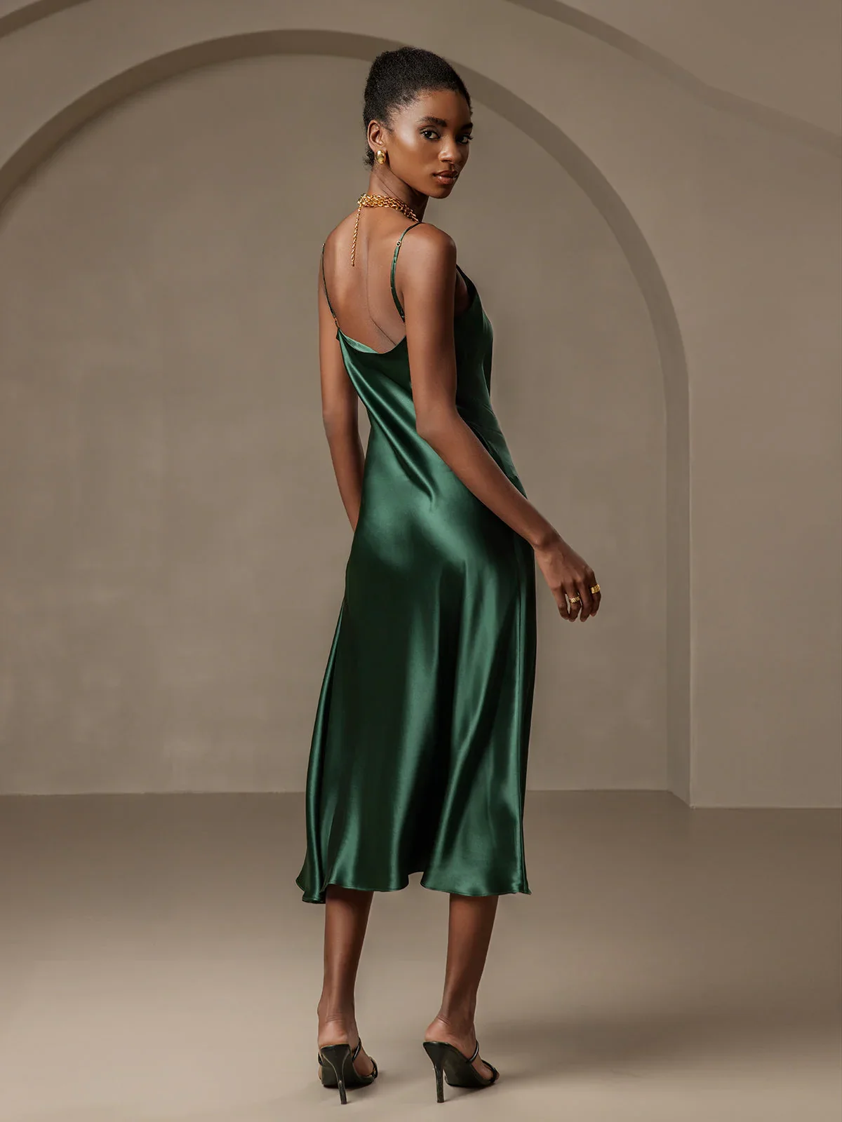 Pure Silk Spaghetti Strap Cowl Neck Bias Midi Dress with Split Design