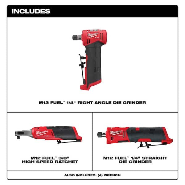 M12 FUEL 12V Lithium - Ion High Speed 3/8 In. Ratchet W/ (1) 1/4 In. Right Angle and (1) 1/4 In. Straight Die Grinder