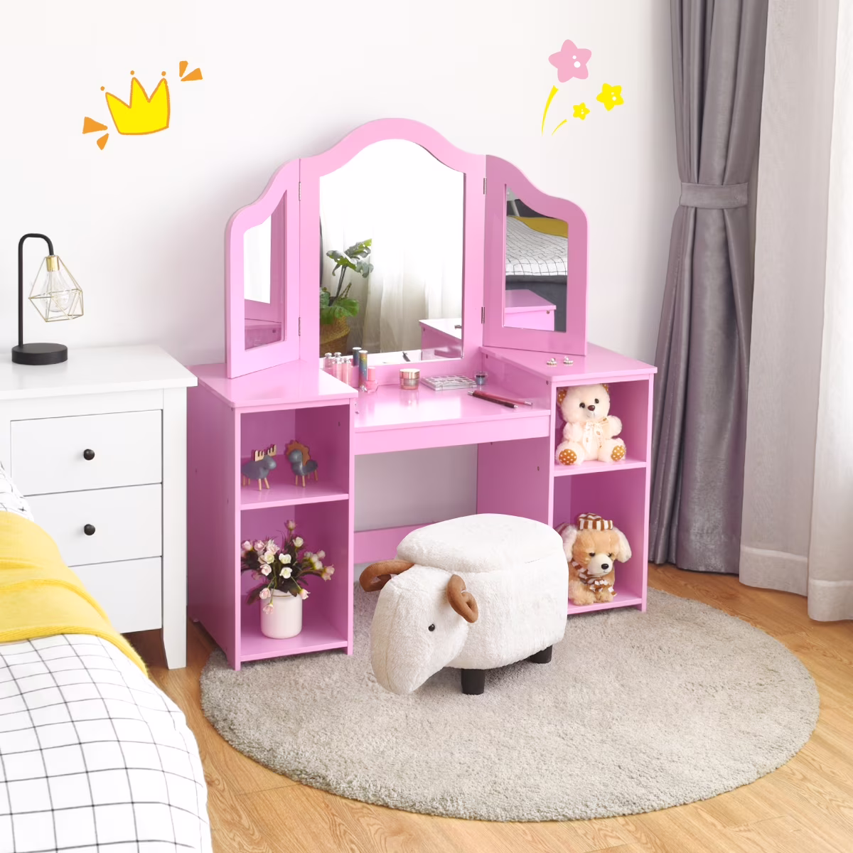 Vanity Table Set Makeup Dressing Kids Girls Study Table Tri Folding Mirror White(White) Image 3