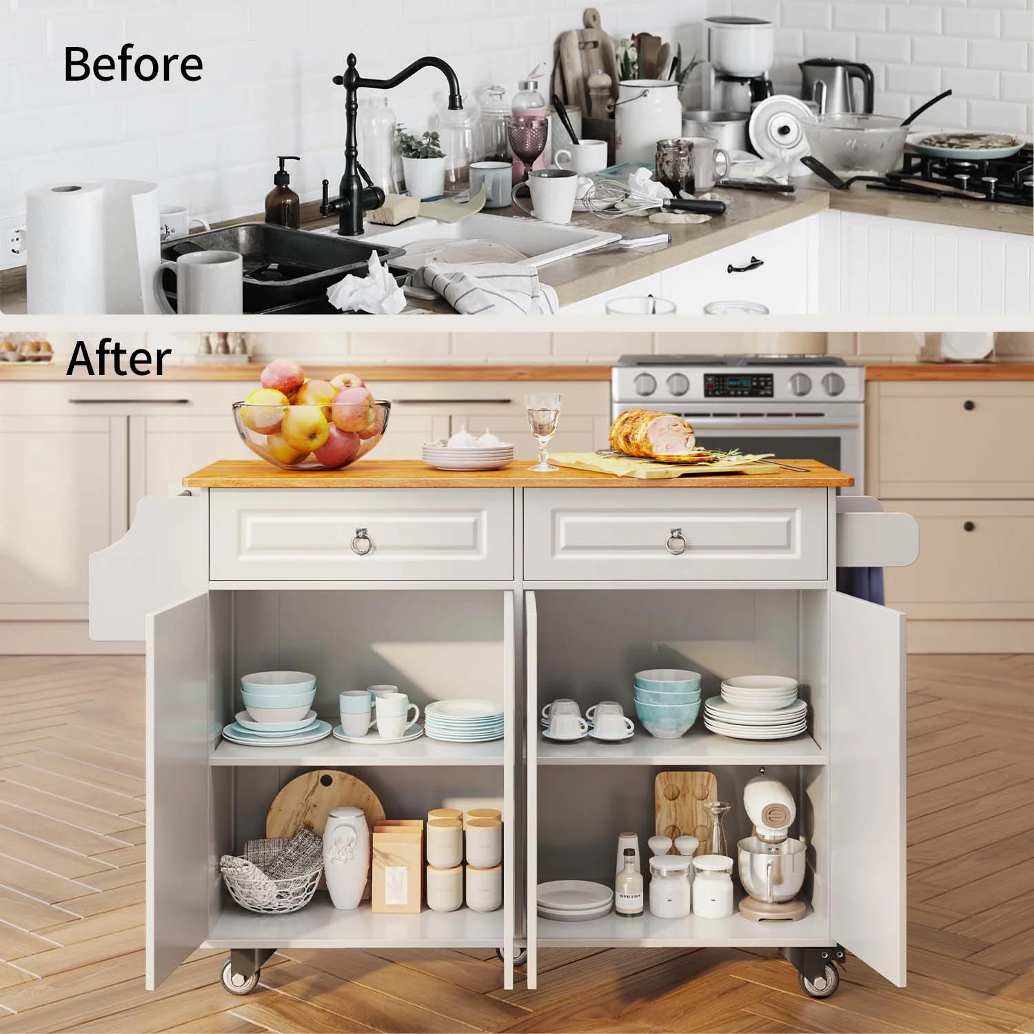 52-Inch Kitchen Island with Storage on Wheels with Wood Drop Leaf, Ideal for Small Kitchens(White) - Image 5