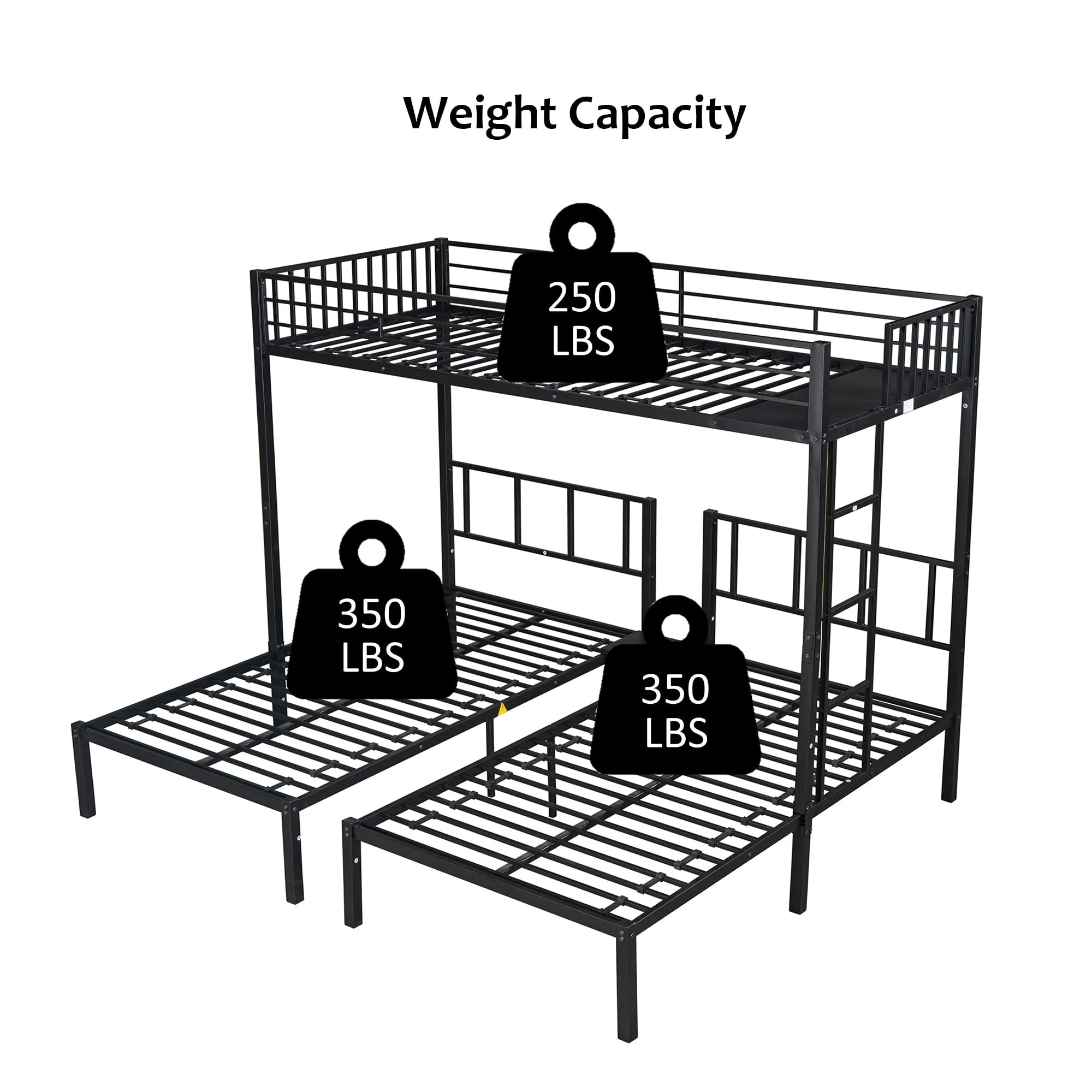 Triple Metal Bunk Bed Twin over Twin with Ladder for Kids, Boys Girls, Convertible Bunk Set, Black Image 3