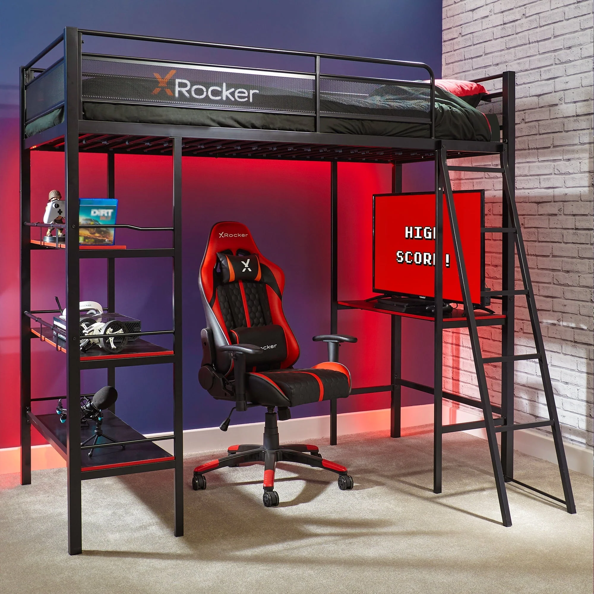 X Rocker Fortress Gaming Bunk with Desk and Shelves, Twin, Black/Red, Loft Bed, Children, Teen Image 3