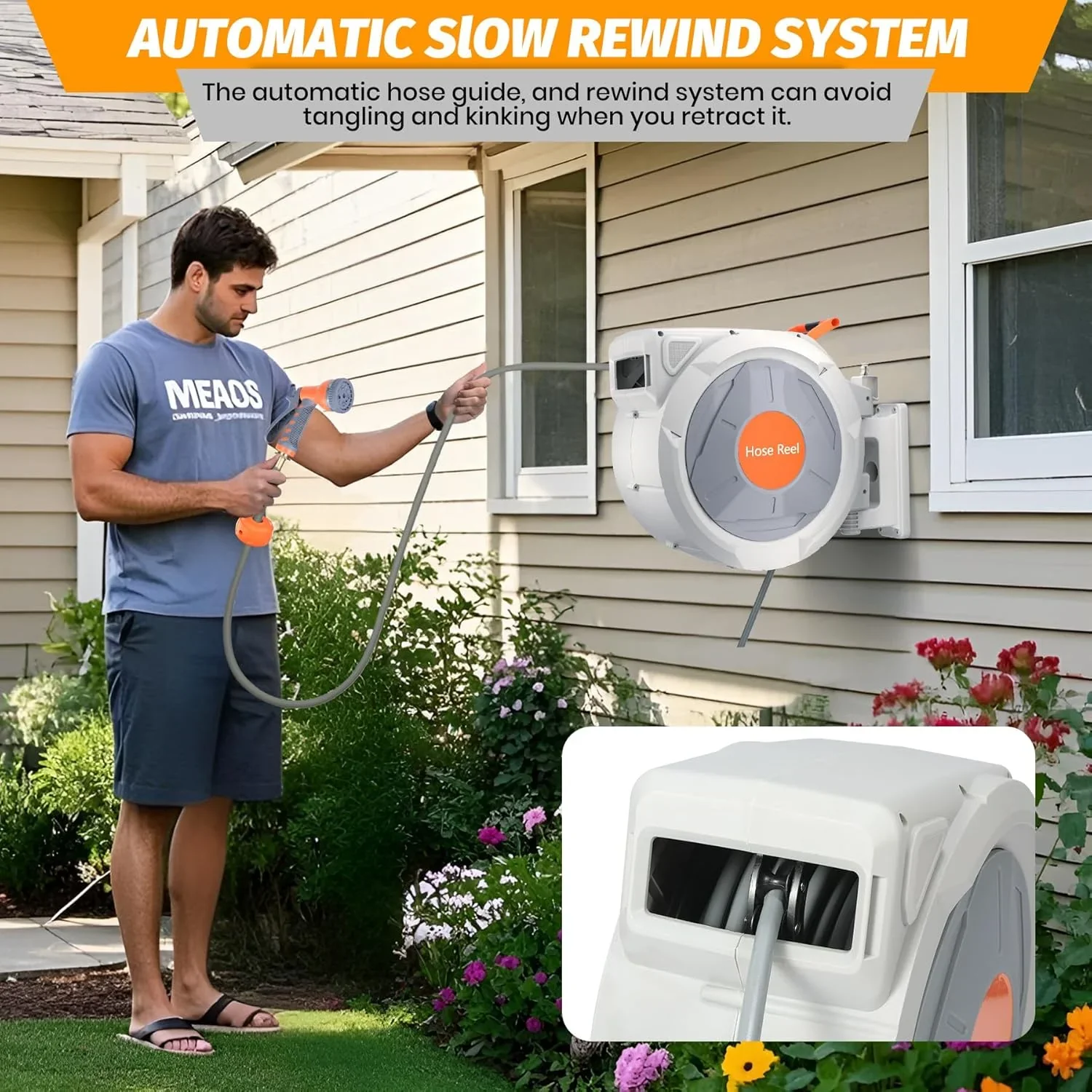 Auto-Retract Wall-Mounted Garden Hose Reel w/9-Pattern Nozzle, 180�� Swivel & Any-Length Lock, 600PSI Durable