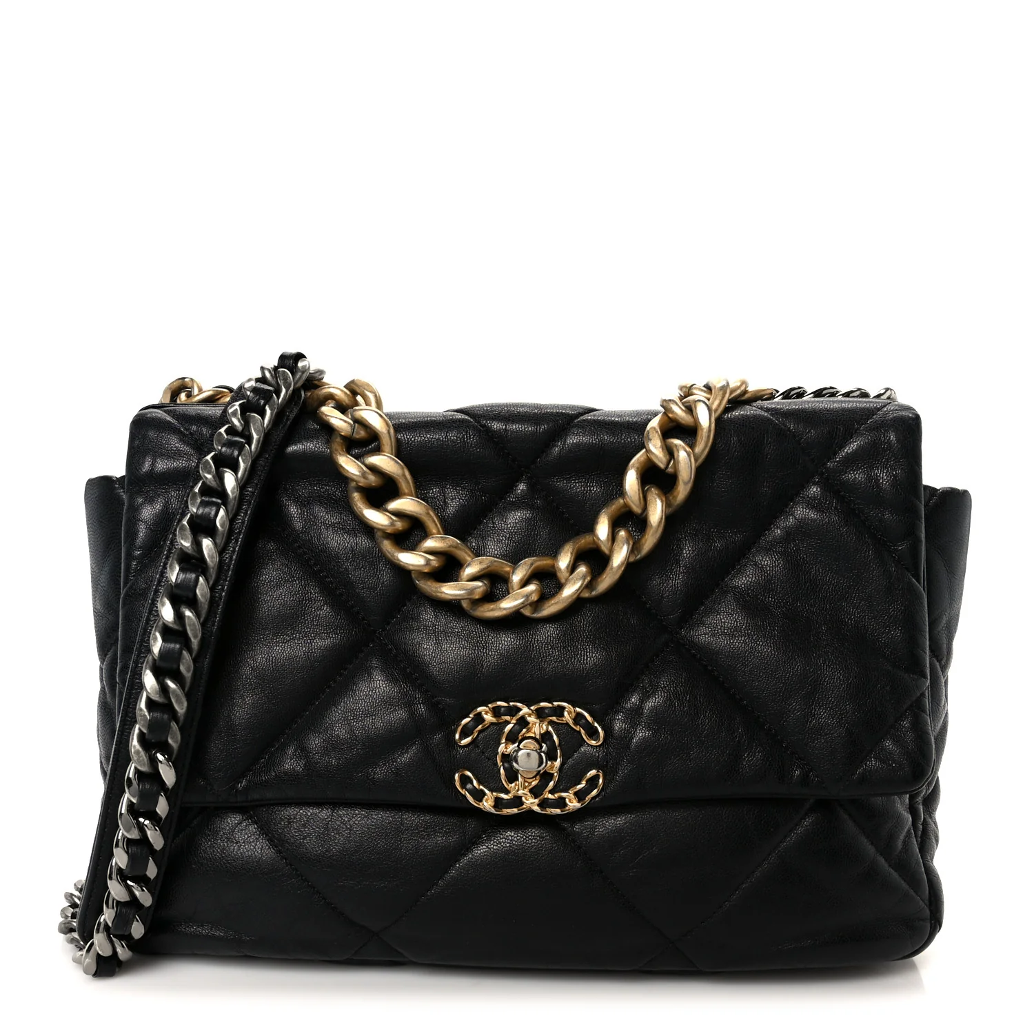 Shiny Goatskin Quilted Large Chanel 19 Flap Black