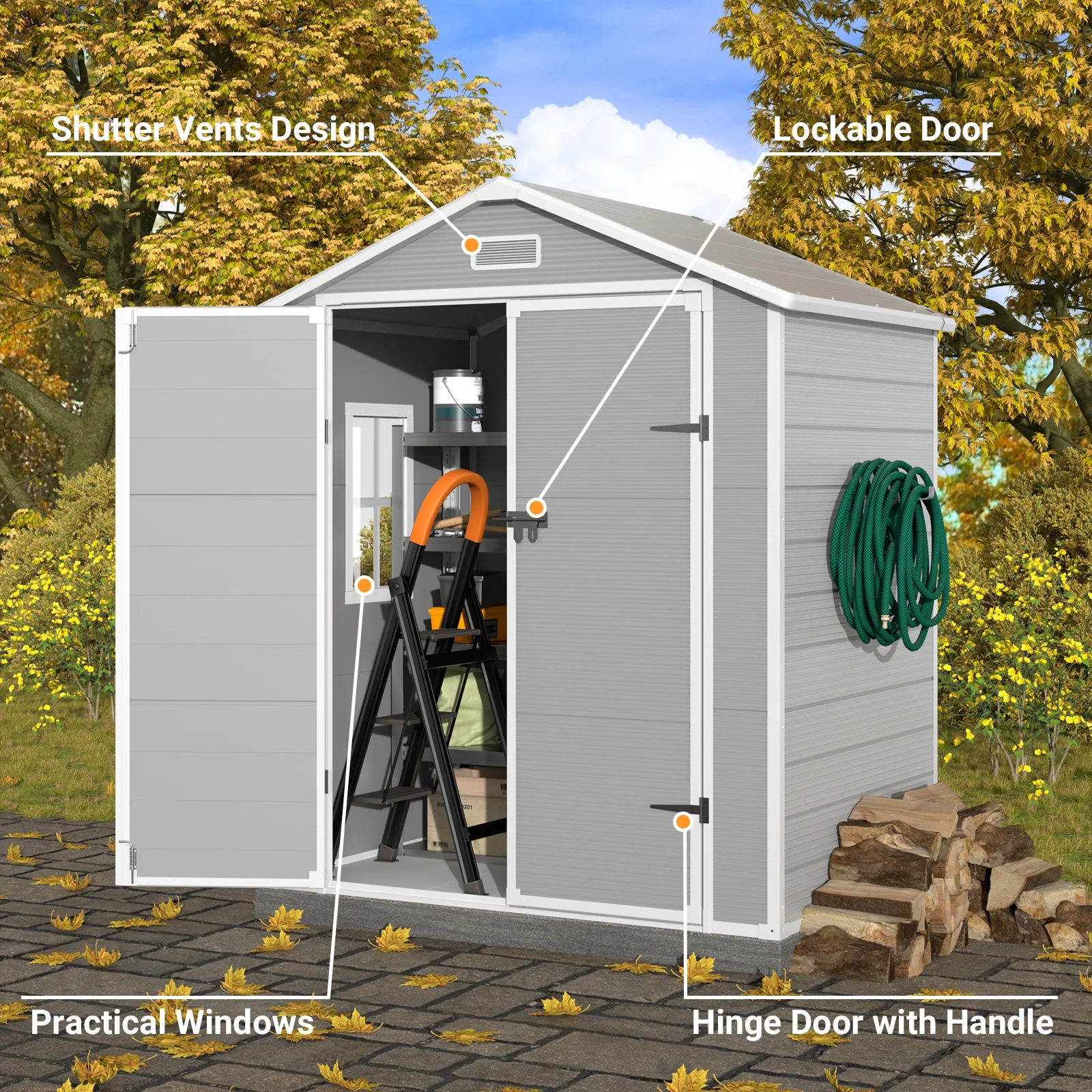Outdoor Storage Shed 6x4.5 ft, Resin Outside Sheds Outdoor Storage Plastic for Trash Can, Bike, Lawnmower, Generator, Tool Shed with Lockable Door for Backyard, Lawn, Patio, Grey White(6*4/Gray) - Image 5