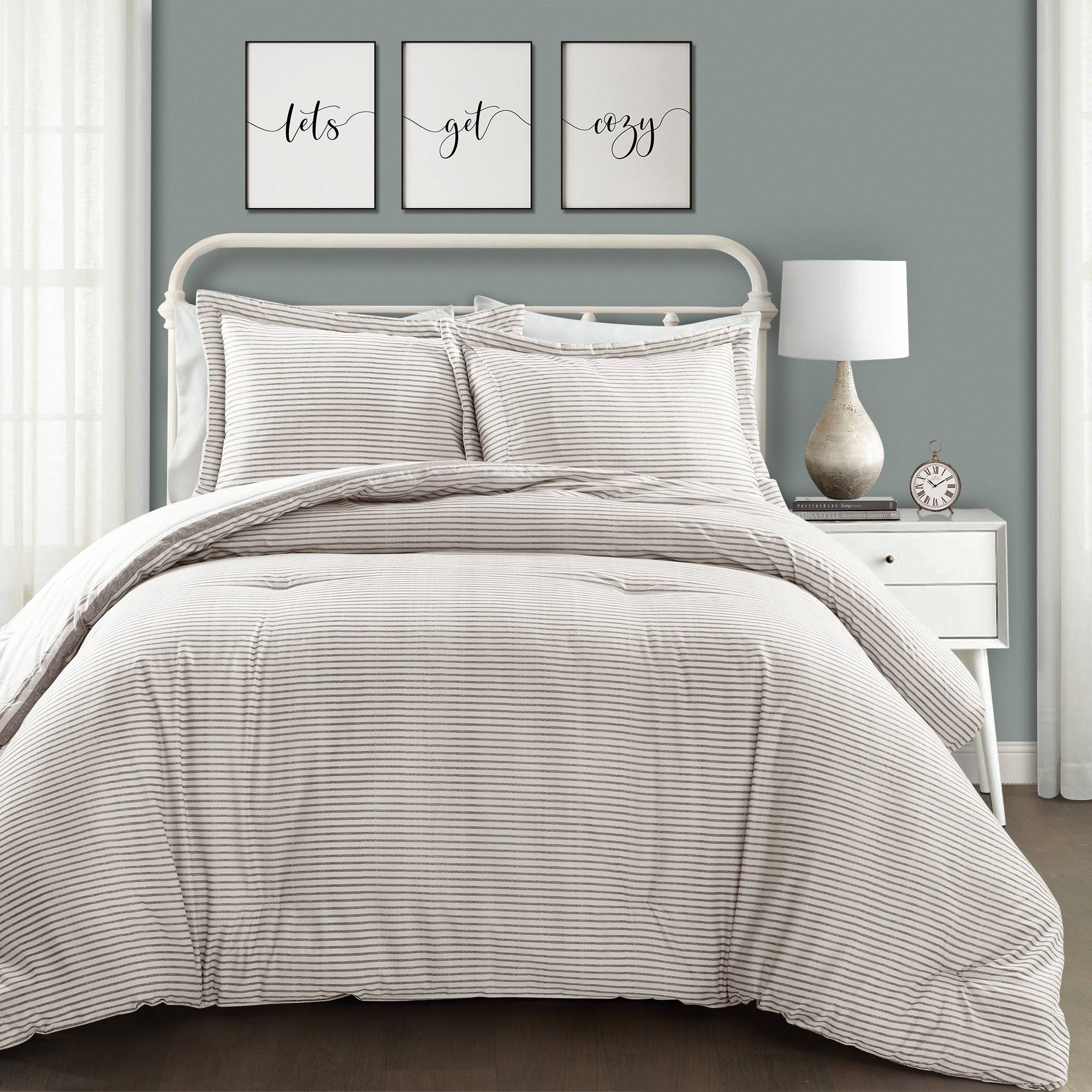Lush Decor Farmhouse Stripe 3 Piece Comforter Set (Gray - King)