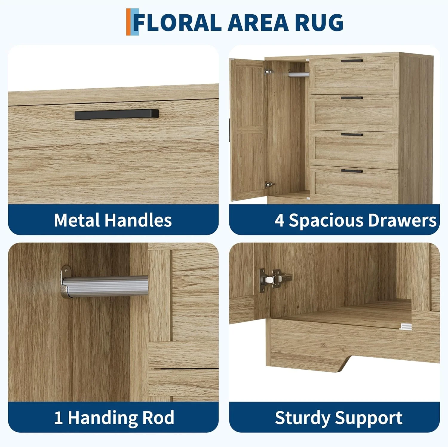 43.3" H Armoire Wardrobe Closet with 4 Drawers Hanging Rod, Multifunctional Wood Storage Cabinet for Bedroom, Natural Oak(Natural Oak) - Image 7