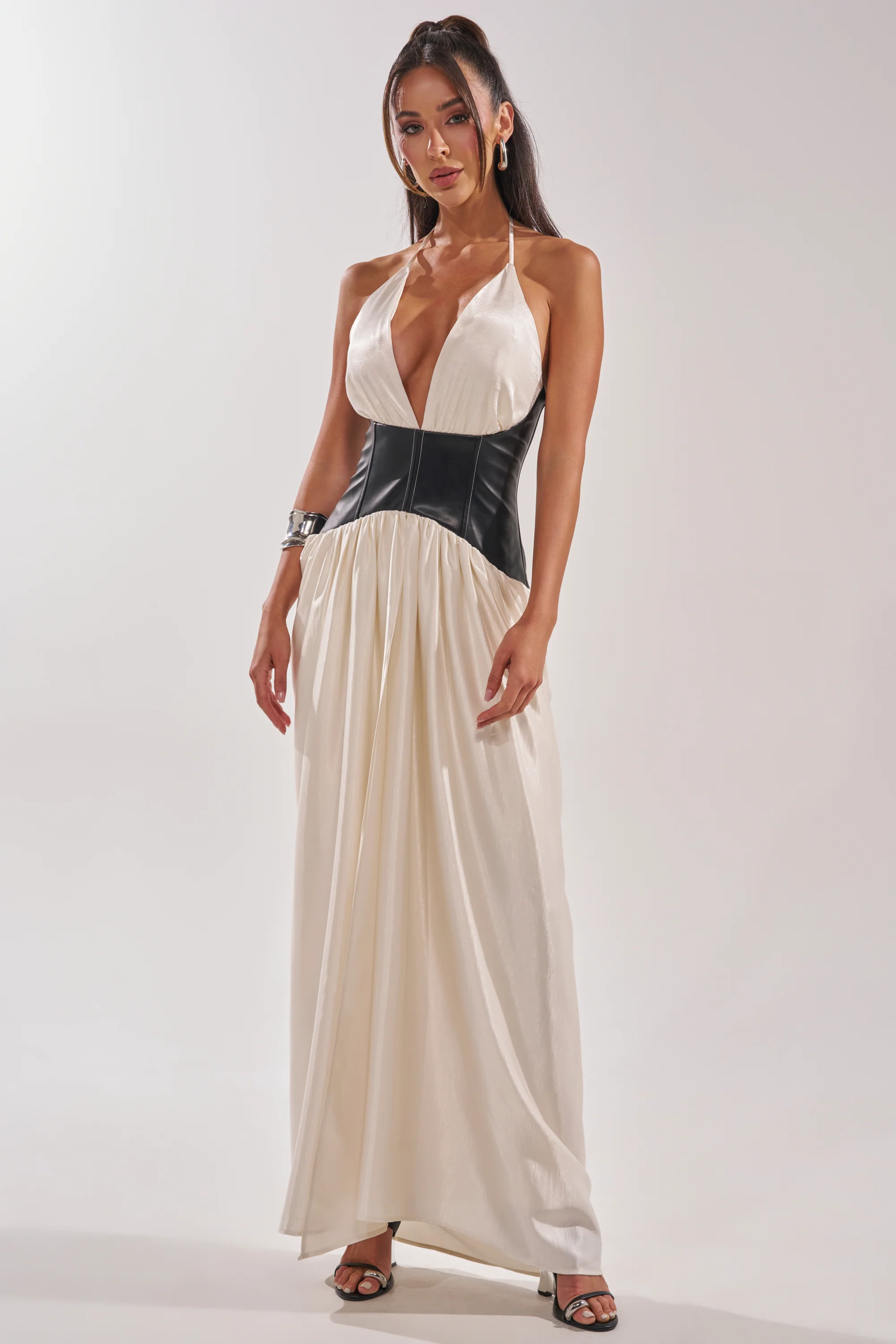 SCARLETT HALTER LEATHER CORSET MAXI DRESS - Akira Store