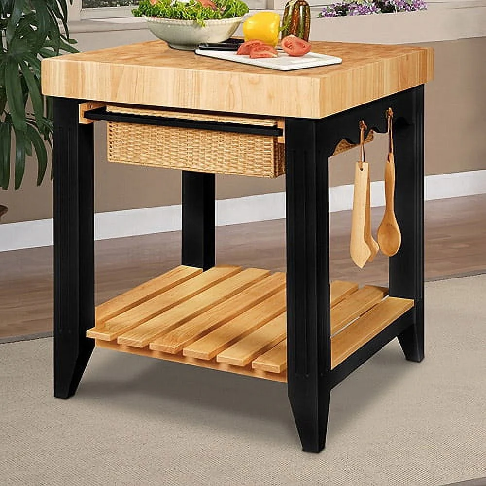 Kolton Square Kitchen Island, Black and Natural with Butcher Block Top(Black and Natural with Butcher Block Top)
