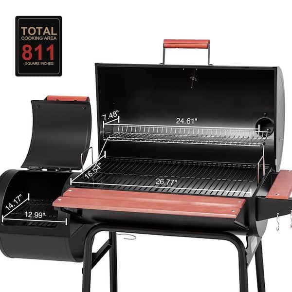Barrel Charcoal Grill in Black with Offset Smoker. 811 sq. in. Cooking Space. Wood-Painted Side Table