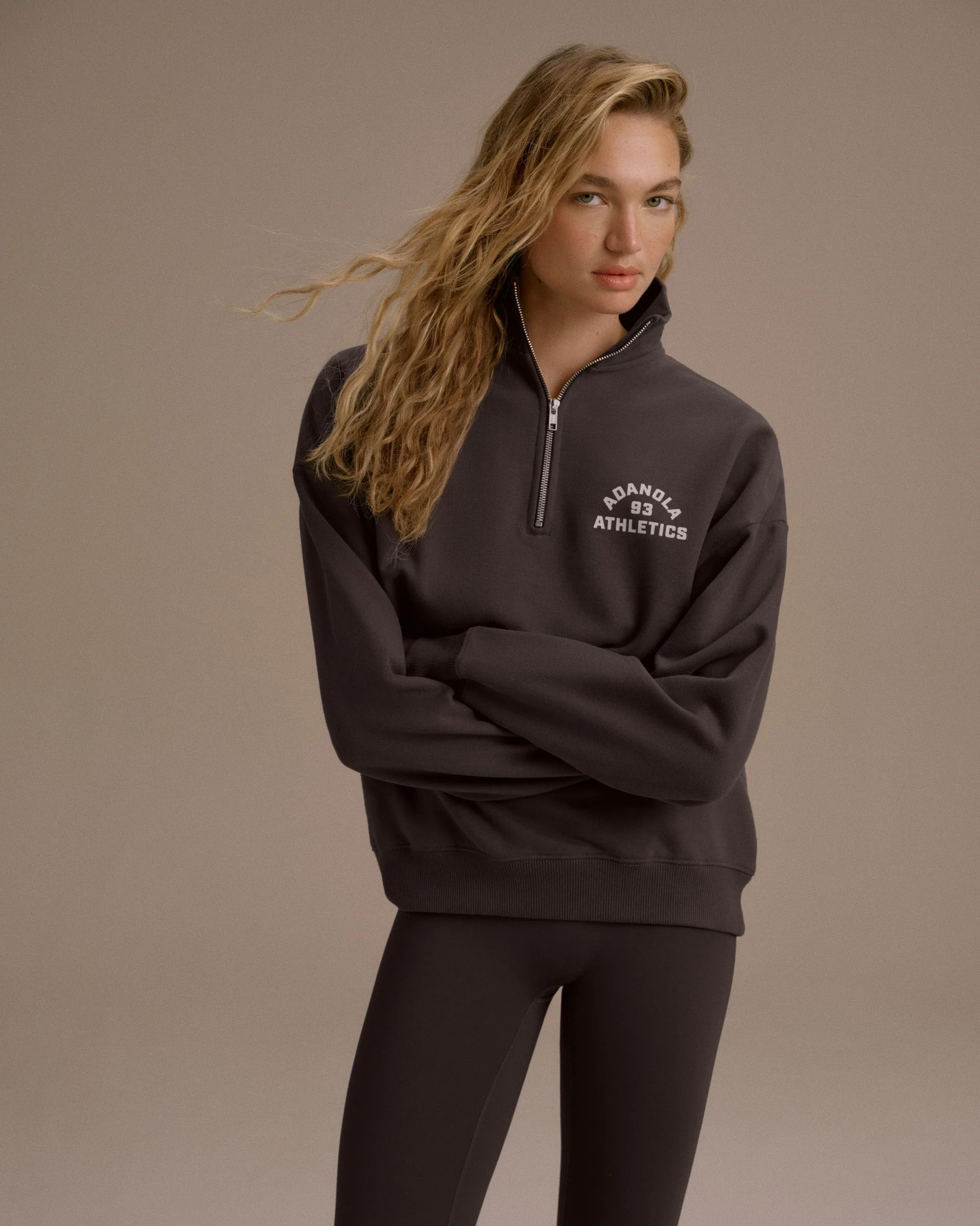 Campus Oversized Funnel Neck Zip Sweatshirt - Washed Coffee Bean/Marshmallow White