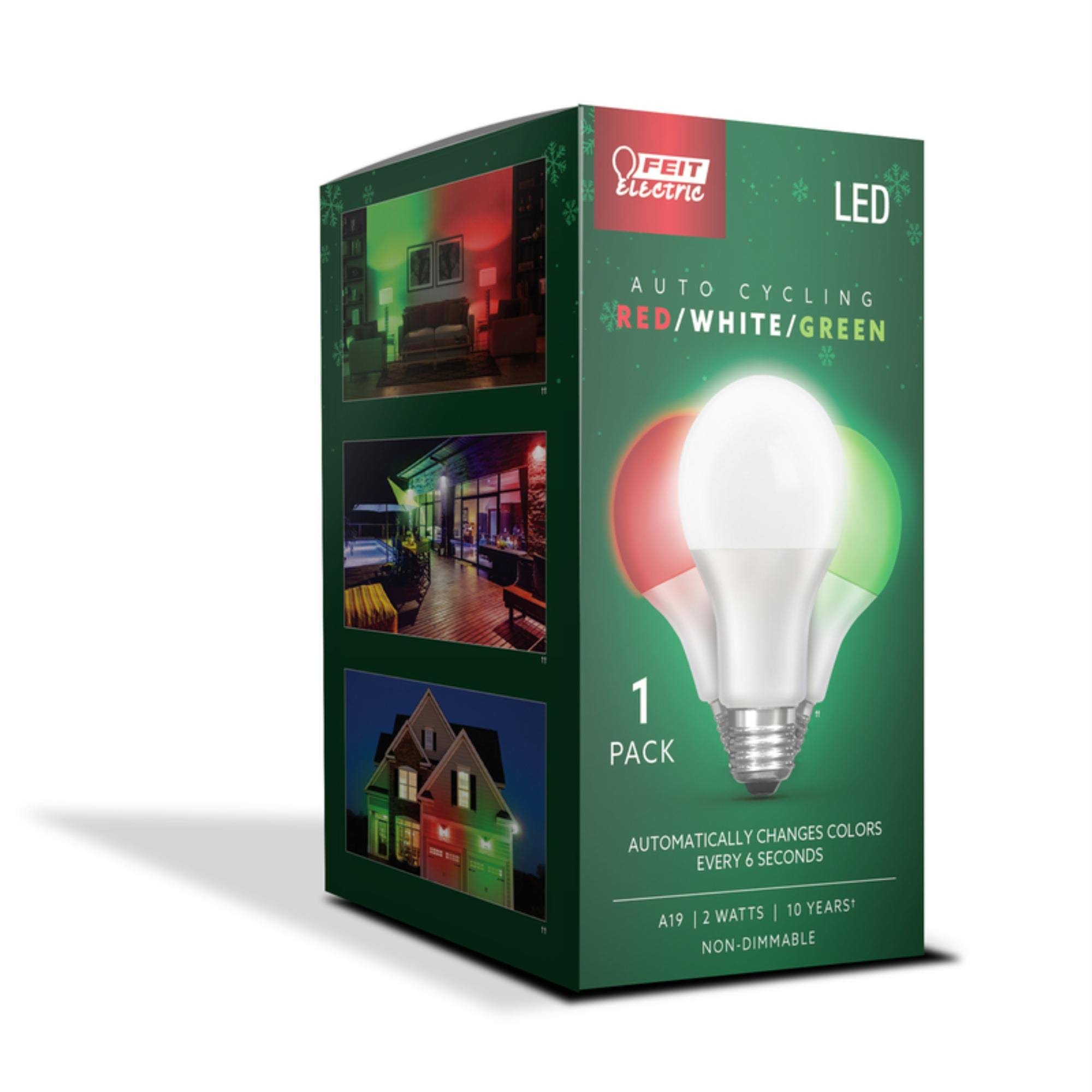Feit Electric A19 E26 (Medium) Auto Cycling LED Bulb Green/Red/White 2 W 1 Pk