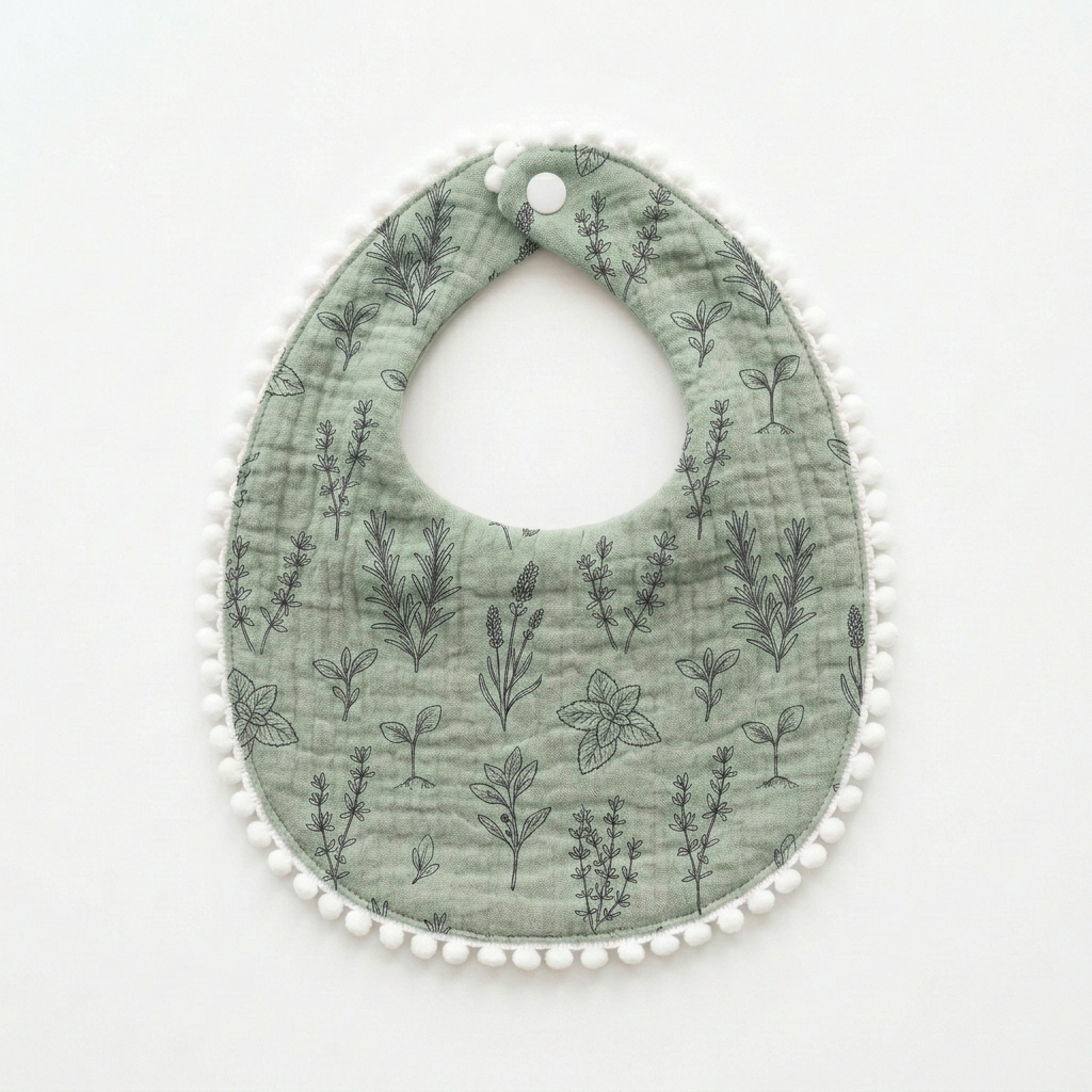 Baby Saliva Bib Multi Prints Bear Floral Dot Leaf Gauze Bib With Pom Pom Border