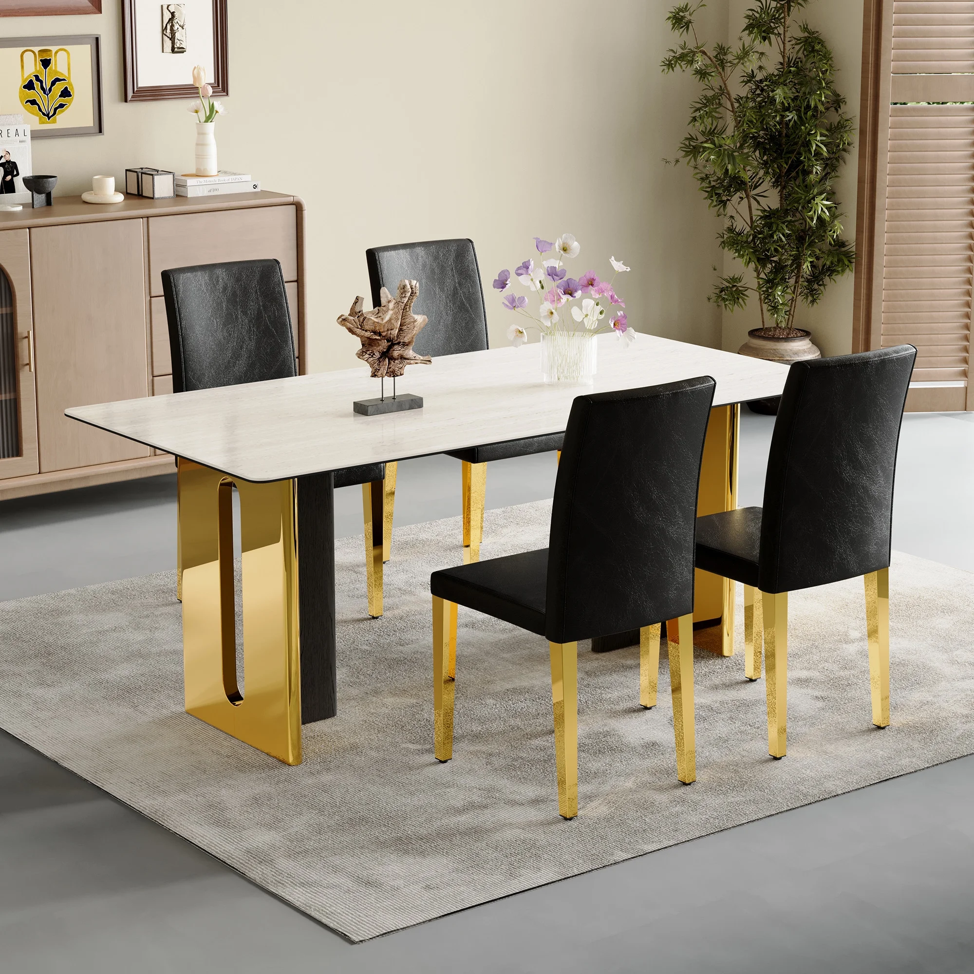 Set of 4 Black PU Leather Backrest Chairs with Gold Metal Legs - A Perfect Pairing, Ideal for Minimalist and Modern Home Decor Styles, with Product Dimensions of 16.2*18.5*34.6 in