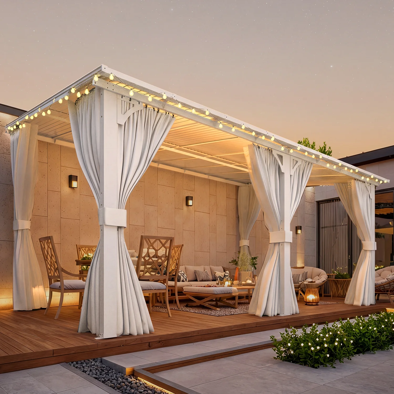 AECOJOY 16'x10' Wall Gazebo with Curtains and Mosquito Netting, White