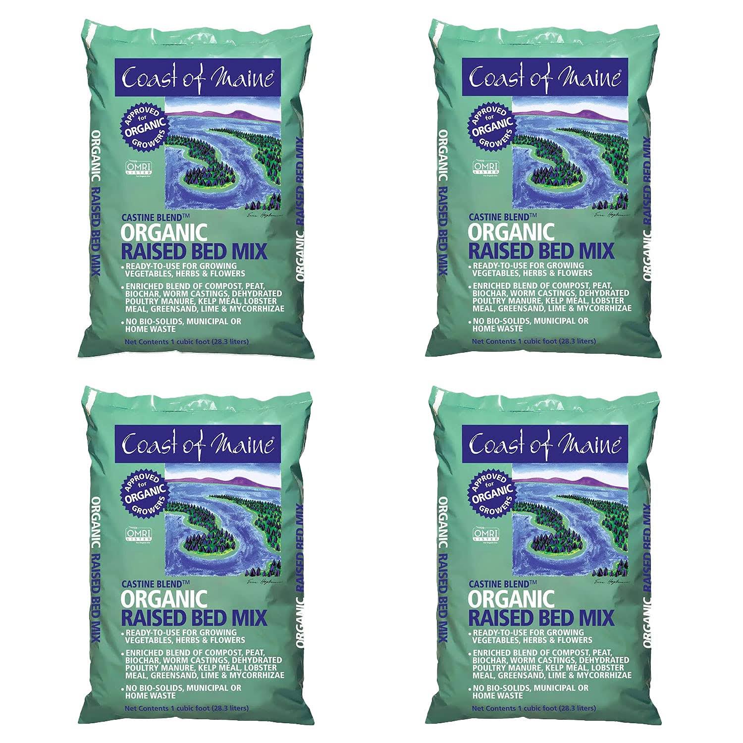Coast of Maine Castine Blend Organic Raised Bed Soil Mix with All Natural Ingredients for Vegetables, Herbs, and Flowers, 1 Cubic Feet (4 Pack)