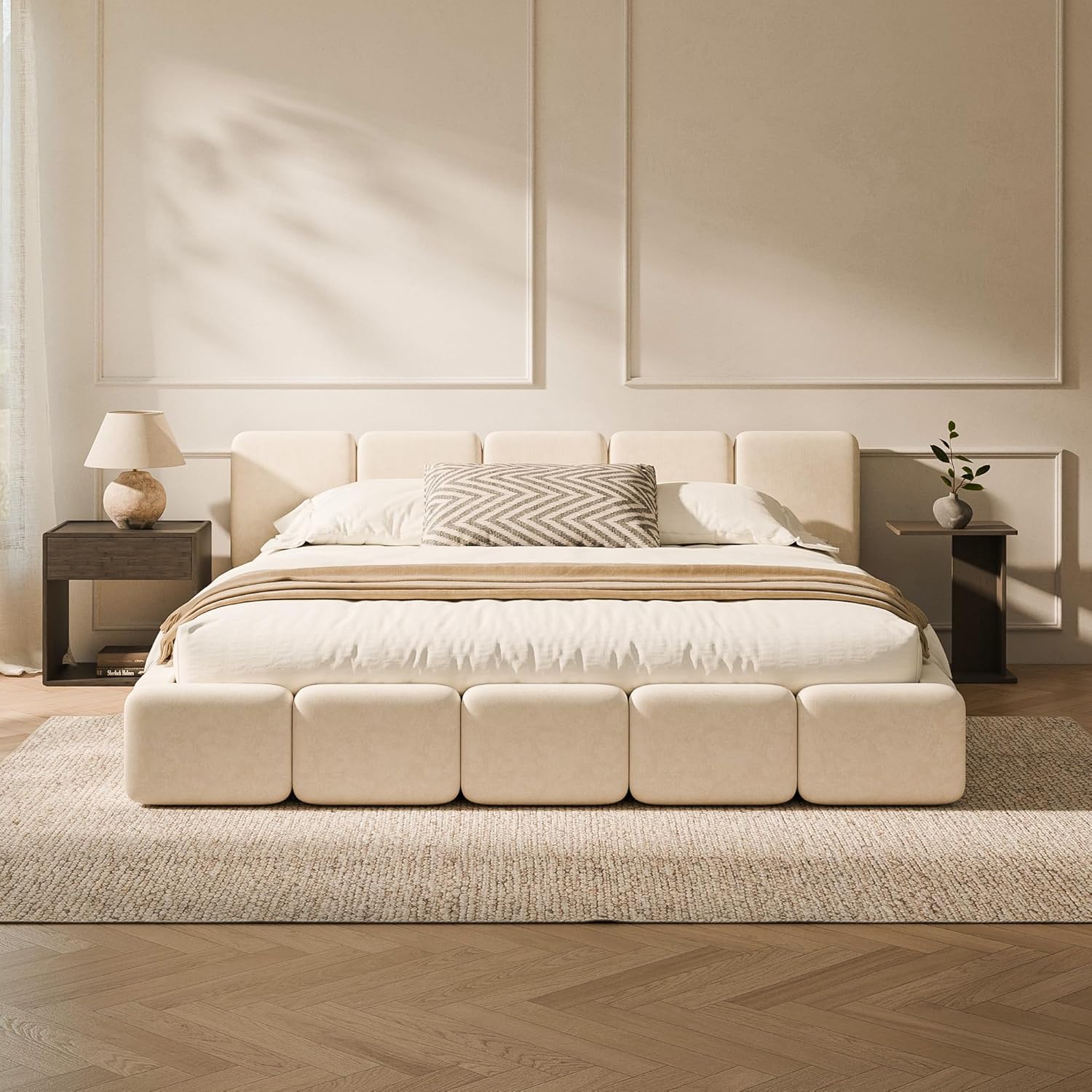 RECCI Cloud King Upholstered Platform Bed Frame, Low Profile Grounded Design with Plush Headboard & Footboard, Wood Slat Support, Noise-Free, No Box Spring Required, Beige