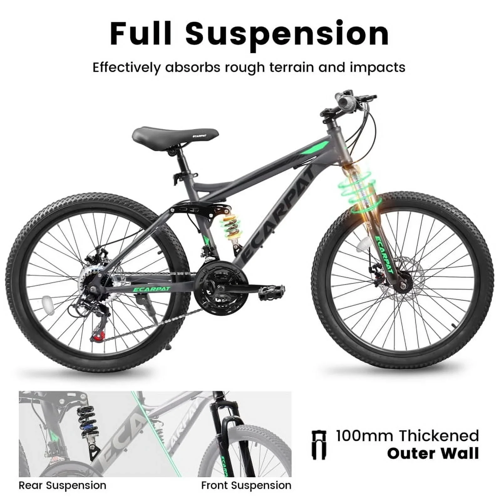 24 Unisex MTB, 21-Speed, Dual Suspension, Disc Brakes, Carbon-Steel Durability, 250 lb Rating, Quick-Adjust Tool Kit, Fits Heights 4'9-5'4