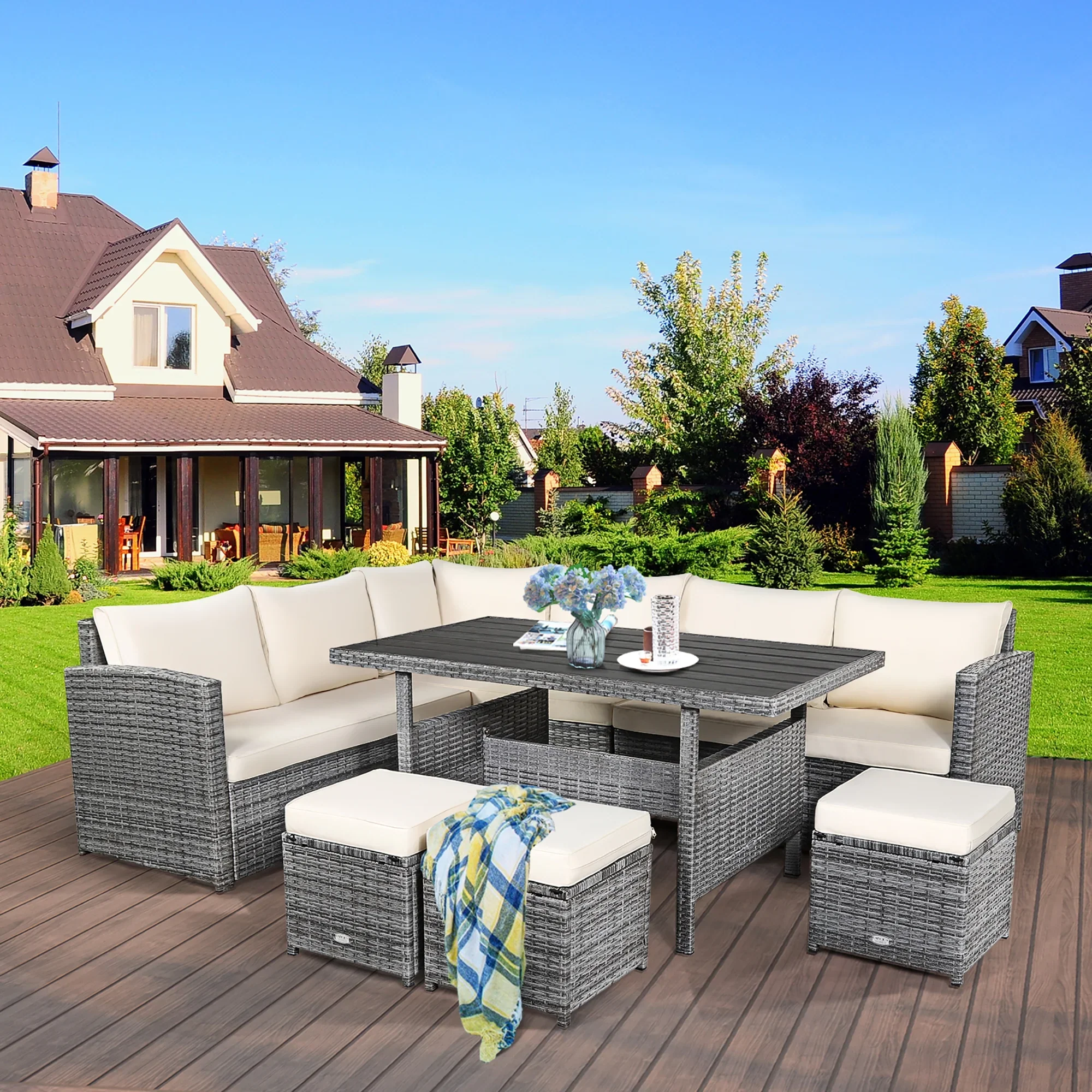 Costway 7 PCS Patio Rattan Dining Set Sectional Sofa Couch Ottoman Garden Red