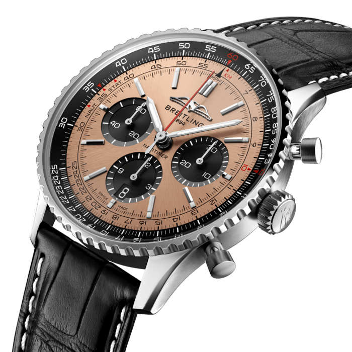 [Super Clone]Breitling Navitimer B01 Chronograph 46 Brown Dial Black Leather Strap Watch For Men - AB0138241K1P1