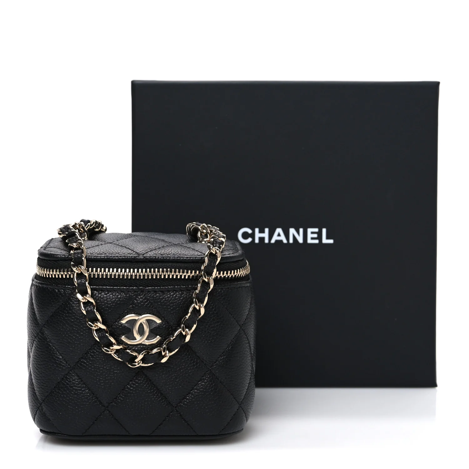 Caviar Quilted Mini Vanity Case With Chain Black