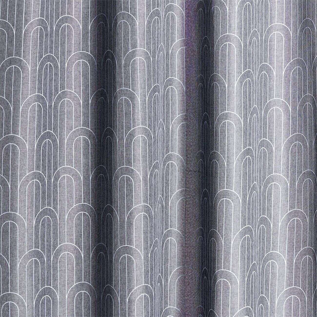 Rideau à oeillets effet lin gris motif géométrique blanc 140x240cm