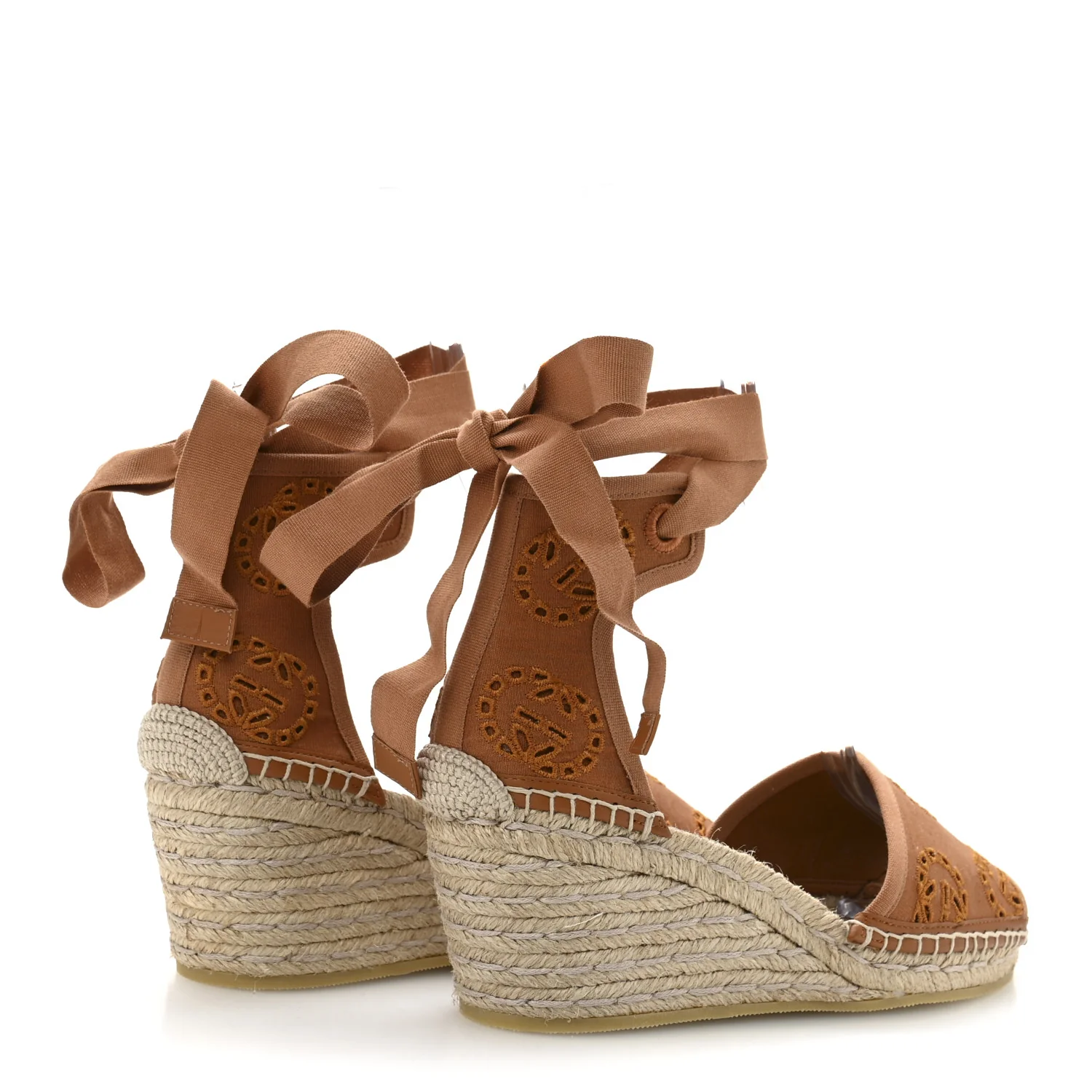 Canvas Damita GG Eyelet Espadrille Wedge Sandals 37.5 Blondie Cognac