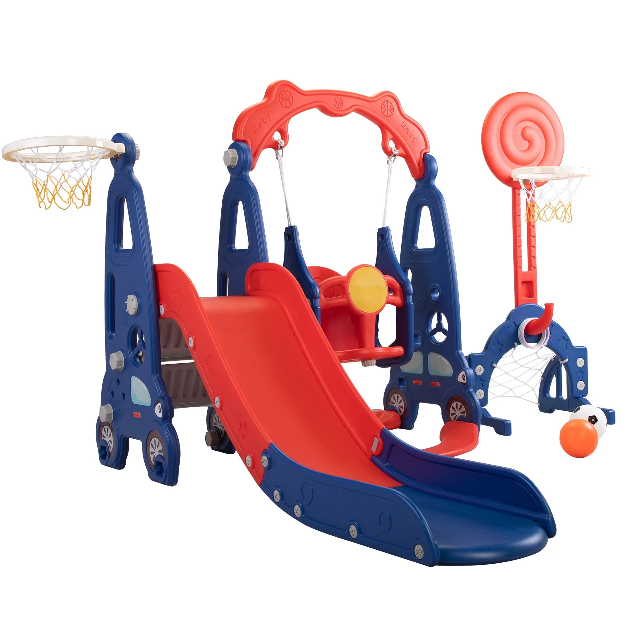 Kids - Gift! 5 in 1 Slide and Swing Playing Set, Toddler Extra - Long Slide with 2 Basketball Hoops, Football, Ringtoss, Indoor Outdoor