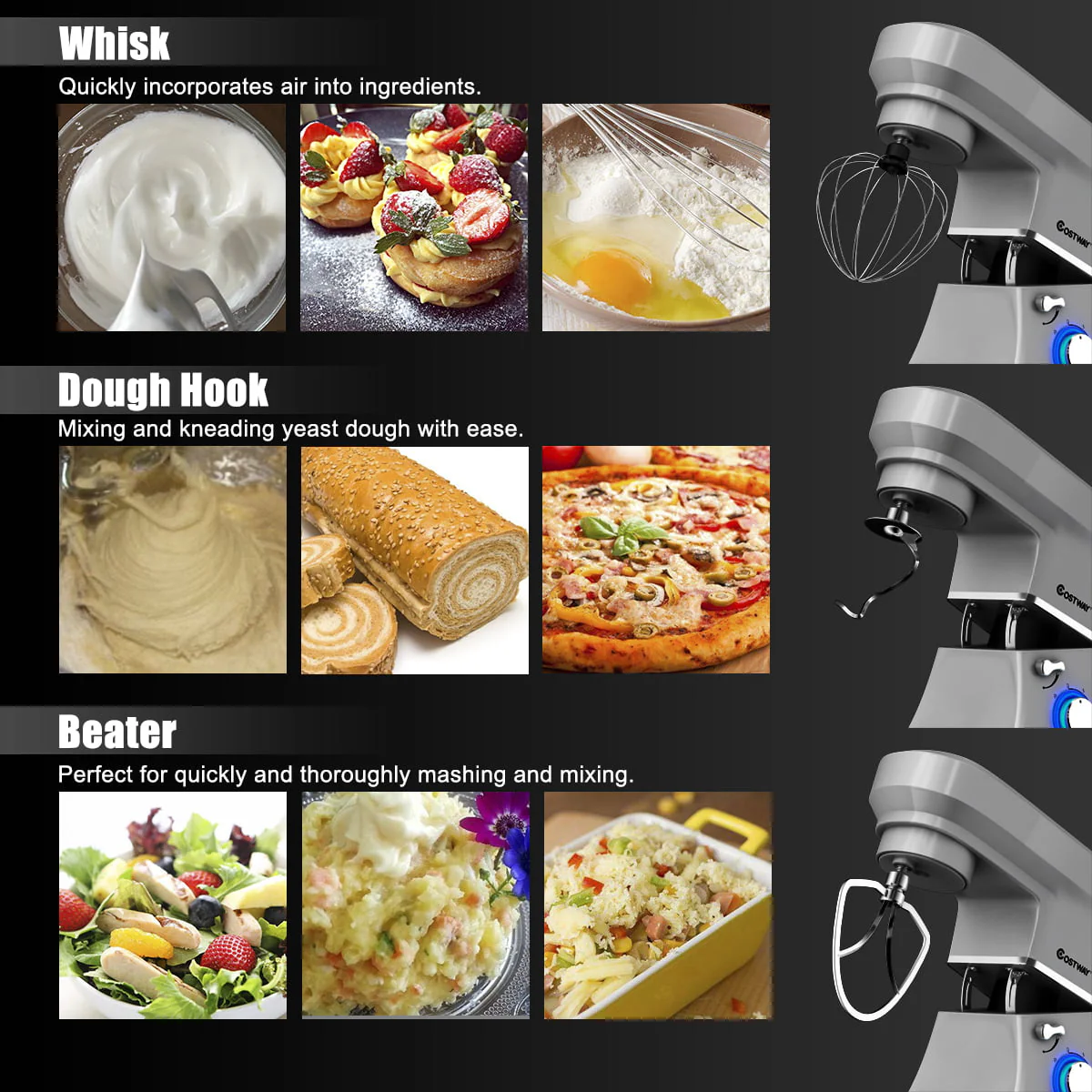 Costway Tilt - Head Stand Mixer 7.5 Qt 6 Speed 660W with Dough Hook, Whisk & Beater Silver