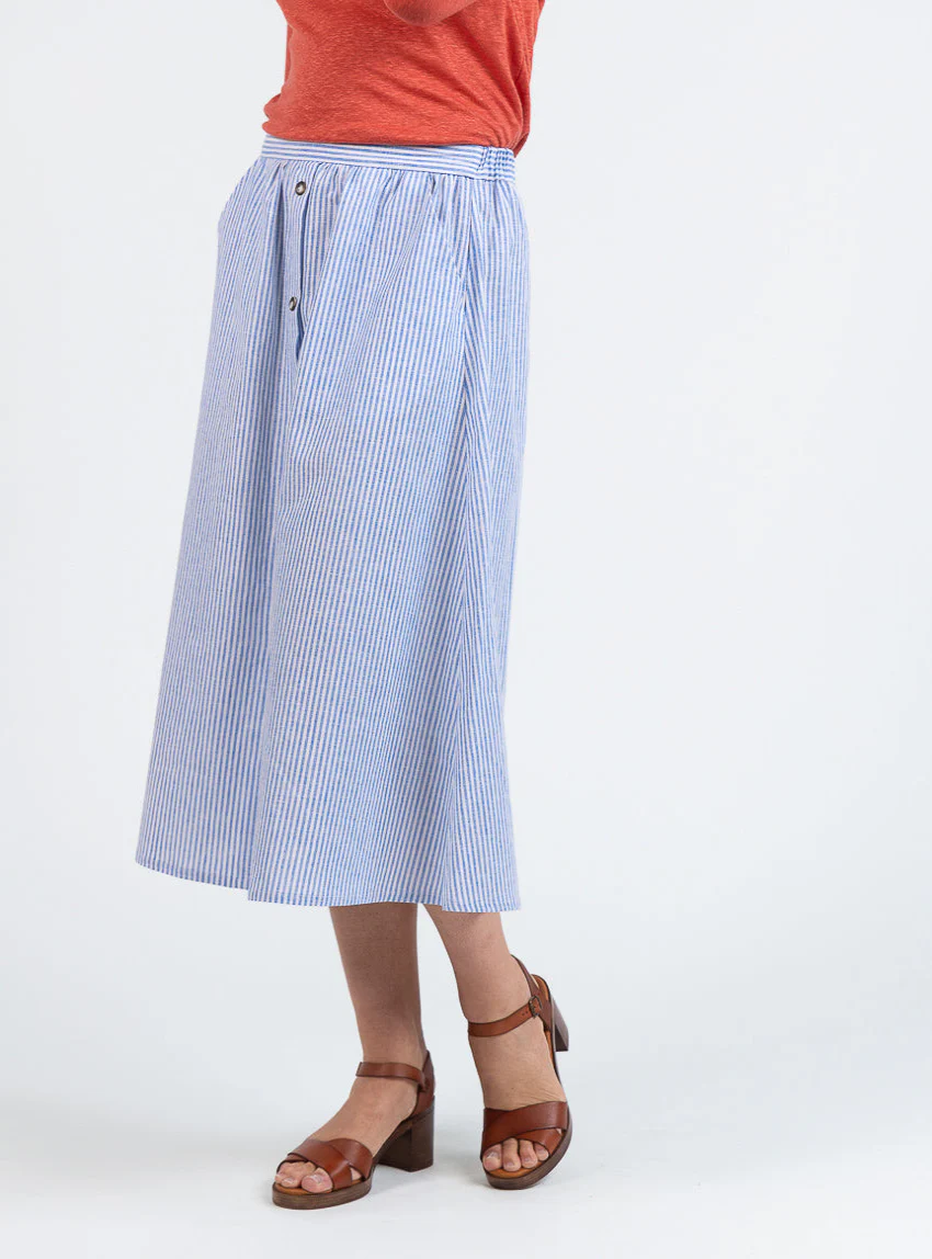 Jupe femme ample en coton et lin rayé bleu