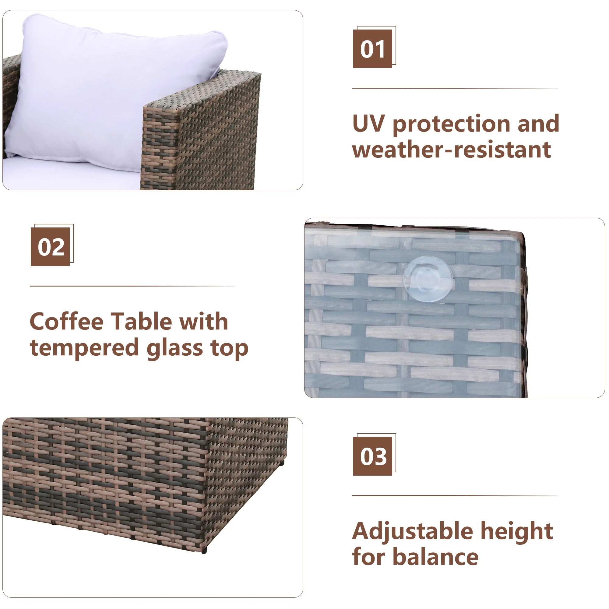 Rattan Patio Sofa Set, 4 Pieces Outdoor Sectional Furniture Set, All-Weather PE Rattan Wicker Patio Conversation Set, Cushioned Sofa Set with Glass Table for Patio Garden Poolside Deck(Brown) - Image 10