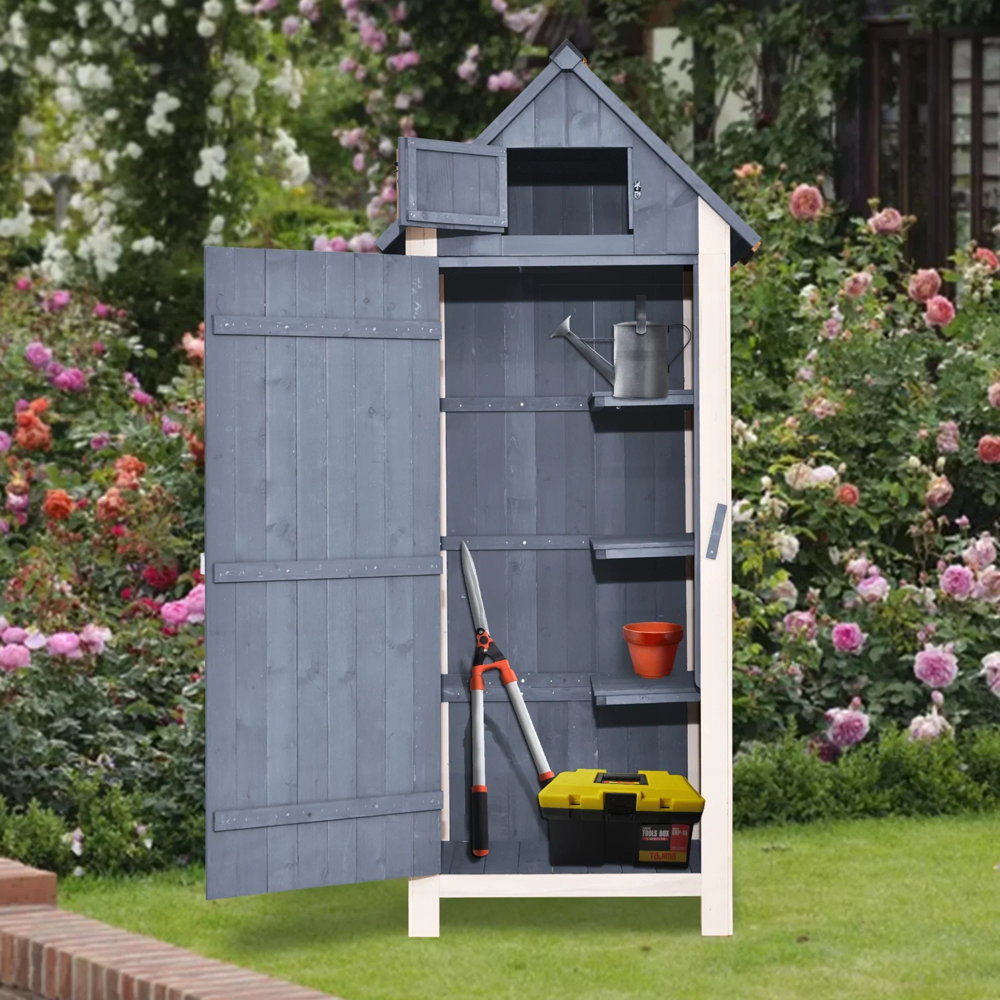 Mcombo Outdoor Storage Cabinet, Wood Garden Tool Shed (70 Tall) 0770EY