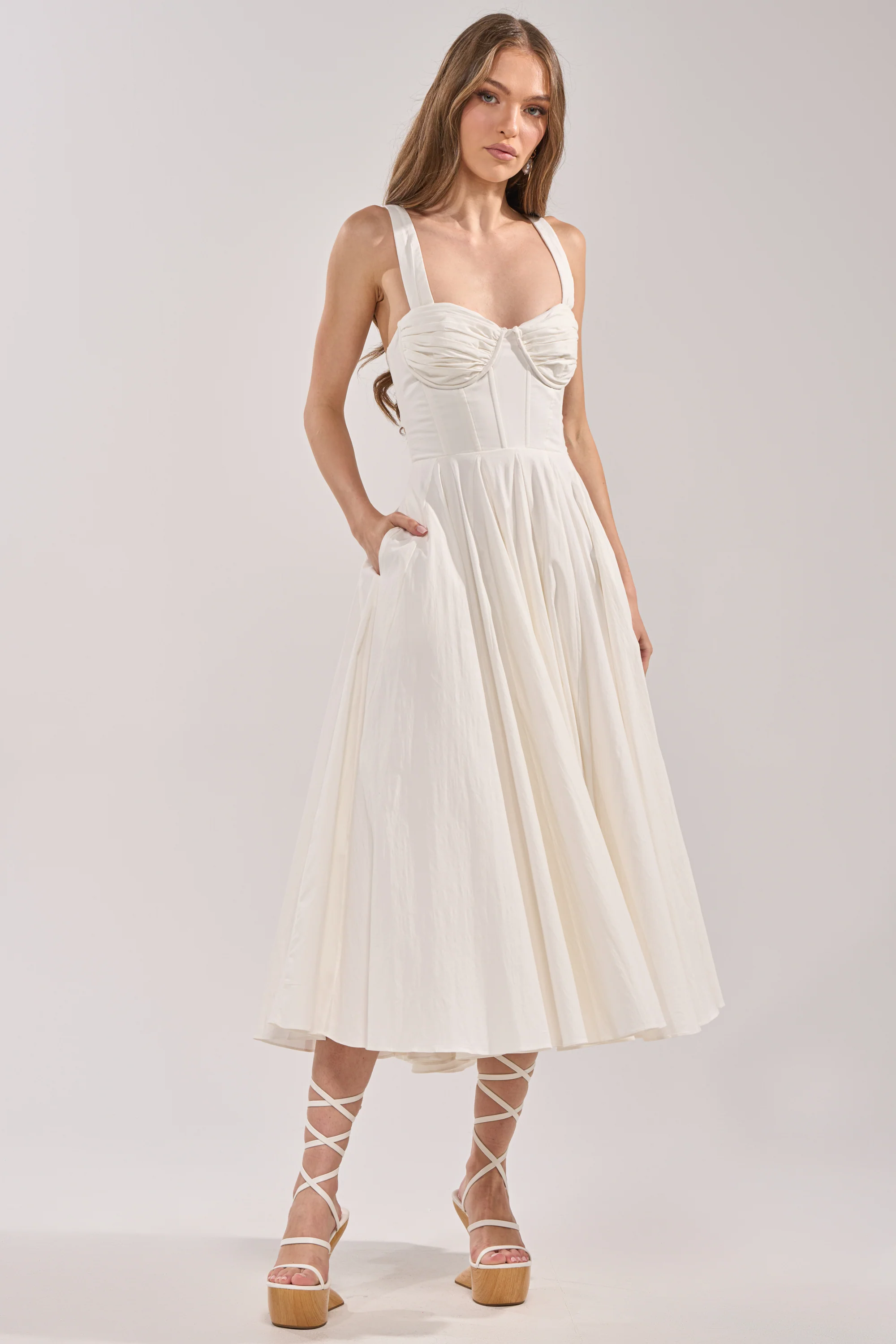 KEEP IT LOWKEY POPLIN MIDI DRESS IN WHITE - Akira Store