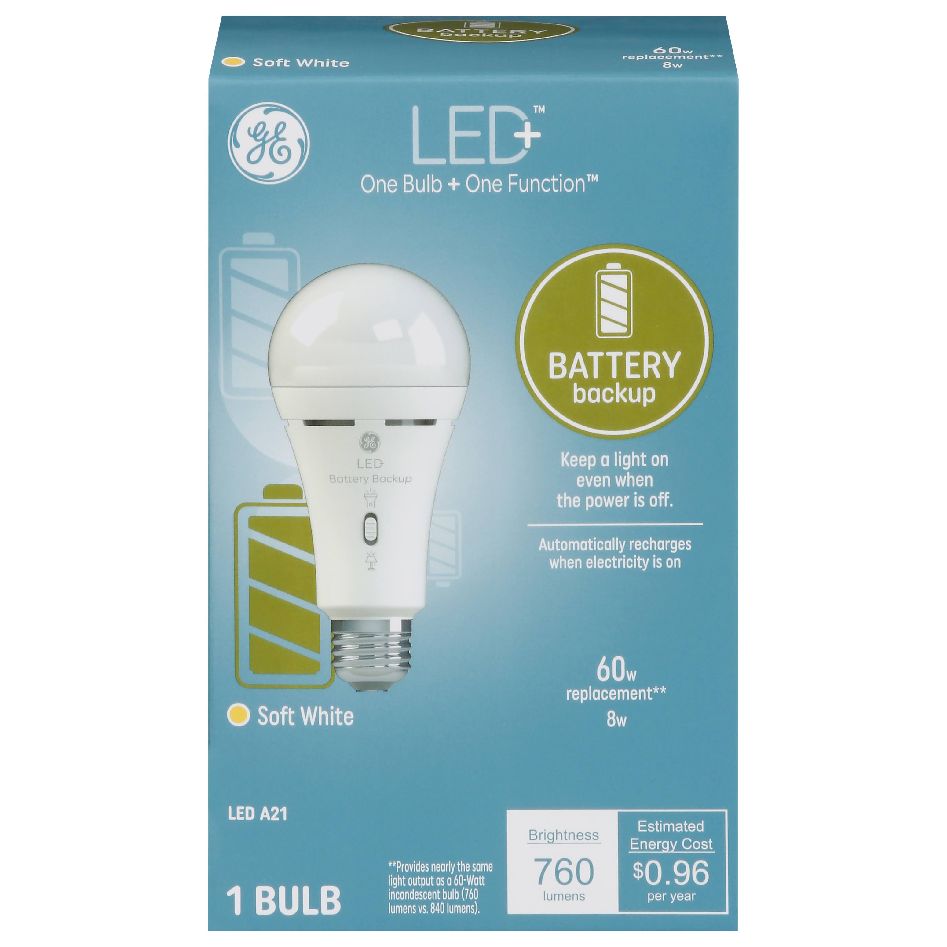 Ge LED+ Light Bulb, LED+, Battery Backup, Soft White, 8 Watts