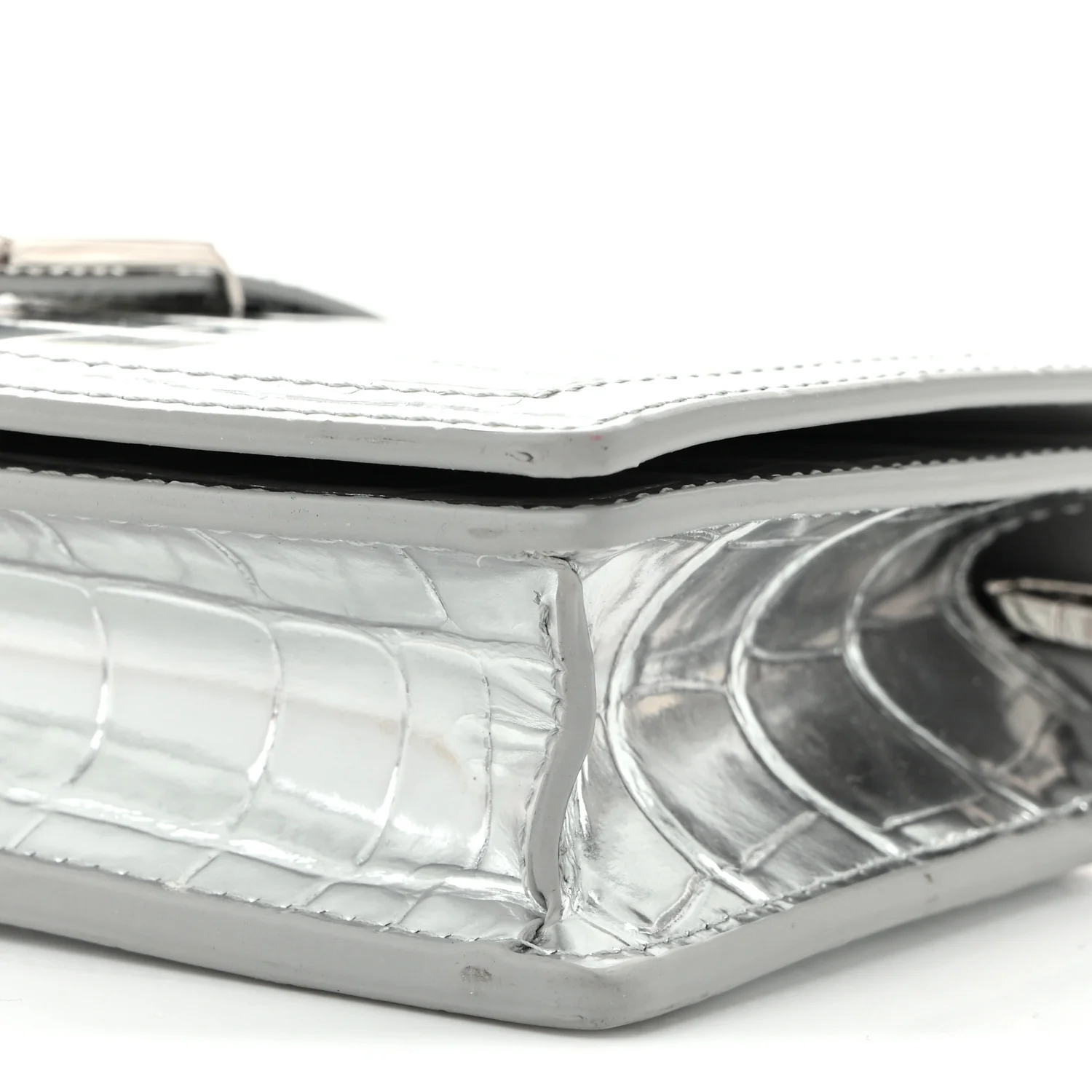 Metallic Crocodile Embossed Calfskin Greca Goddess Wallet On Chain Silver