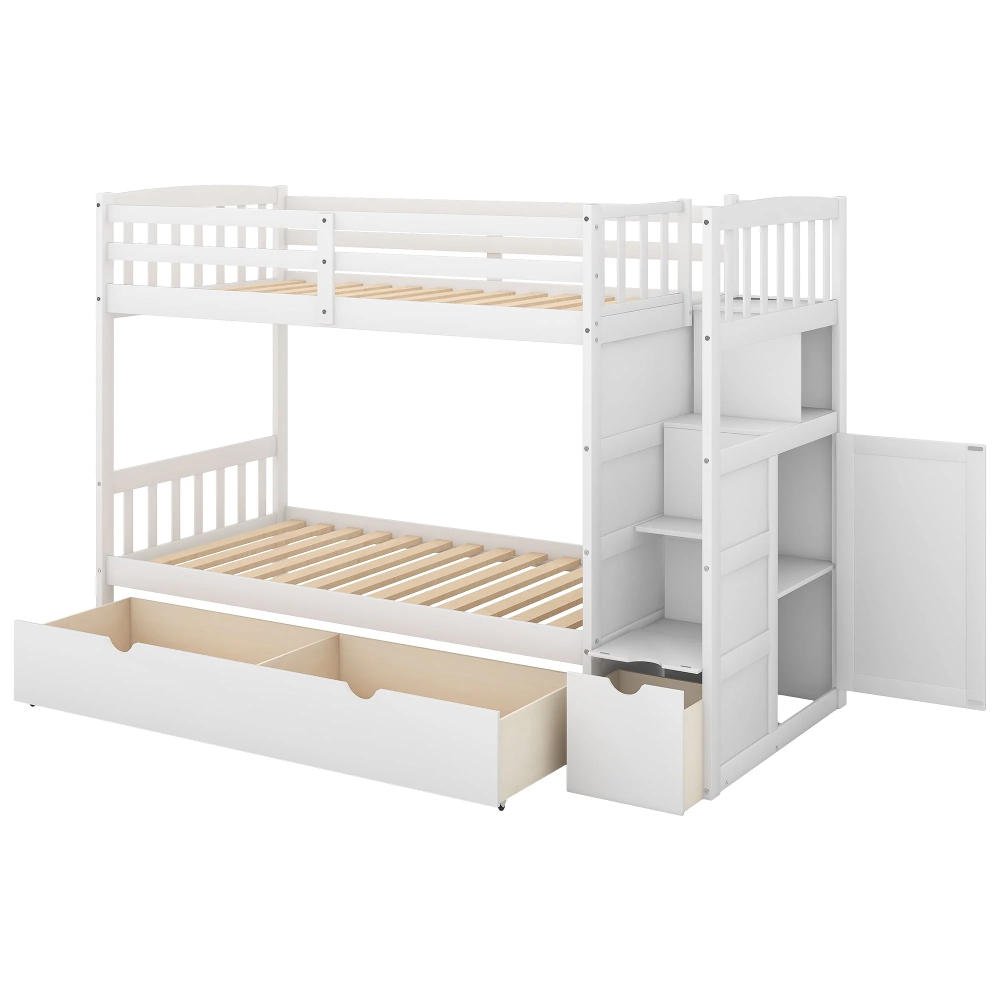 Twin over Twin Bunk Bed with Drawer and Cabinet for Kids Bedroom, White - Image 7